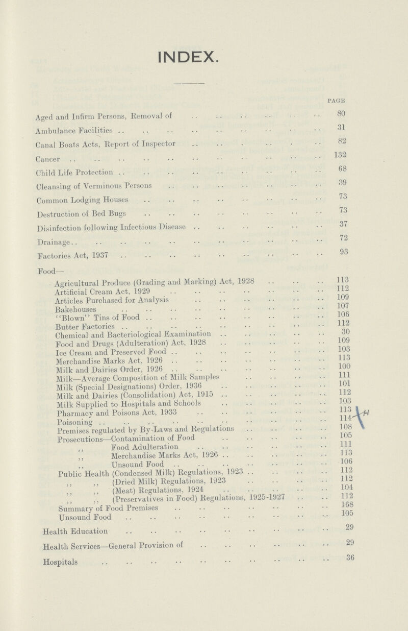 INDEX. page Aged and Infirm Persons, Removal of 80 Ambulance Facilities 31 Canal Boats Acts, Report of Inspector 82 Cancer 132 Child Life Protection 68 Cleansing of Verminous Persons 39 Common Lodging Houses 73 Destruction of Bed Bugs 73 Disinfection following Infectious Disease 37 Drainage 72 Factories Act, 1937 93 Food— Agricultural Produce (Grading and Marking) Act, 1928 113 Artificial Cream Act, 1929 112 Articles Purchased for Analysis 109 Bakehouses 107 Blown Tins of Food 106 Butter Factories 112 Chemical and Bacteriological Examination 30 Food and Drugs (Adulteration) Act, 1928 109 Ice Cream and Preserved Food 103 Merchandise Marks Act, 1926 113 Milk and Dairies Order, 1926 100 Milk—Average Composition of Milk Samples 111 Milk (Special Designations) Order, 1936 101 Milk and Dairies (Consolidation) Act, 1915 112 Milk Supplied to Hospitals and Schools 103 Pharmacy and Poisons Act, 1933 113 Poisoning 114 Premises regulated by By-Laws and Regulations 108 Prosecutions—Contamination of Food 105 ,, Food Adulteration 111 ,, Merchandise Marks Act, 1926 113 ,, Unsound Food 106 Public Health (Condensed Milk) Regulations, 1923 112 ,, ,, (Dried Milk) Regulations, 1923 112 ,, ,, (Meat) Regulations, 1924 104 ,, ,, (Preservatives in Food) Regulations, 1925-1927 112 Summary of Food Premises 168 Unsound Food 105 Health Education 29 Health Services—General Provision of 29 Hospitals 36