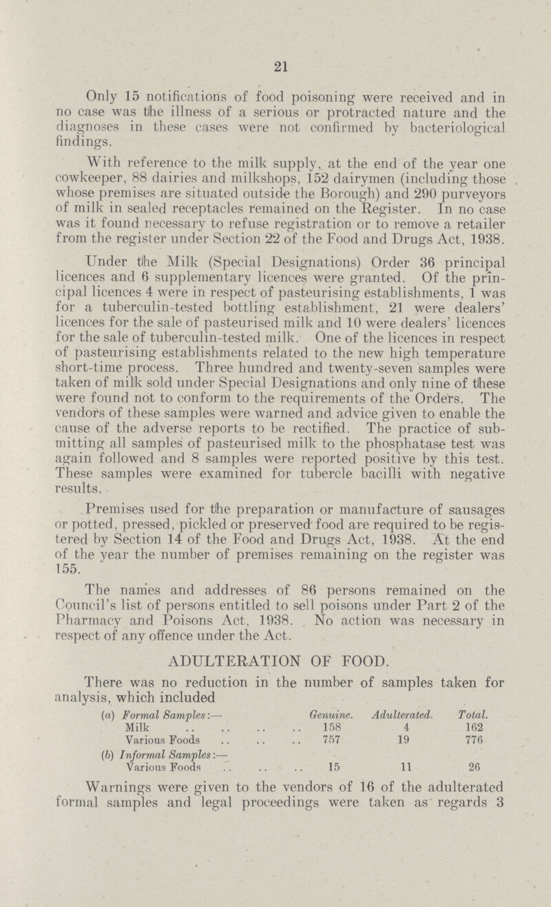 21 Only 15 notifications of food poisoning were received and in no case was the illness of a serious or protracted nature and the diagnoses in these cases were not confirmed by bacteriological findings. With reference to the milk supply, at the end of the year one cowkeeper, 88 dairies and milkshops, 152 dairymen (including those whose premises are situated outside the Borough) and 290 purveyors of milk in sealed receptacles remained on the Register. In no case was it found necessary to refuse registration or to remove a retailer from the register under Section 22 of the Food and Drugs Act, 1938. Under tlhe Milk (Special Designations) Order 36 principal licences and 6 supplementary licences were granted. Of the prin cipal licences 4 were in respect of pasteurising establishments, 1 was for a tuberculin-tested bottling establishment, 21 were dealers' licences for the sale of pasteurised milk and 10 were dealers' licences for the sale of tuberculin-tested milk. One of the licences in respect of pasteurising establishments related to the new high temperature short-time process. Three hundred and twenty-seven samples were taken of milk sold under Special Designations and only nine of these were found not to conform to the requirements of the Orders. The vendors of these samples were warned and advice given to enable the cause of the adverse reports to be rectified. The practice of sub mitting all samples of pasteurised milk to the phosphatase test was again followed and 8 samples were reported positive by this test. These samples were examined for tubercle bacilli with negative results. Premises used for the preparation or manufacture of sausages or potted, pressed, pickled or preserved food are required to be regis tered by Section 14 of the Food and Drags Act, 1938. At the end of the year the number of premises remaining on the register was 155. The names and addresses of 86 persons remained on the Council's list of persons entitled to sell poisons under Part 2 of the Pharmacy and Poisons Act, 1938. No action was necessary in respect of any offence under the Act. ADULTERATION OF FOOD. There was no reduction in the number of samples taken for analysis, which included (a) Formal Samples:— Genuine. Adulterated. Total. Milk 158 4 162 Various Foods 757 19 776 (b) Informal Samples:— Various Foods 15 11 26 Warnings were given to the vendors of 16 of the adulterated formal samples and legal proceedings were taken as regards 3