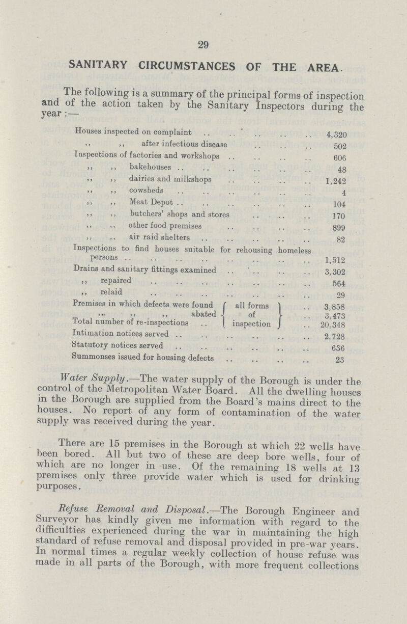 29 SANITARY CIRCUMSTANCES OF THE AREA. The following is a summary of the principal forms of inspection and of the action taken by the Sanitary Inspectors during the year:— Houses inspected on complaint 4,320 „ „ after infectious disease 502 Inspections of factories and workshops 606 „ „ bakehouses 48 „ „ dairies and milkshops 1,242 „ „ cowsheds 4 „ „ Meat Depot 104 „ „ butchers' shops and stores 170 „ „ other food premises 899 „ „ air raid shelters 82 Inspections to find houses suitable for rehousing homeless persons 1,512 Drains and sanitary fittings examined 3,302 „ repaired 564 „ relaid 29 Premises in which defects were found of all forms 3,858 „ „ abated of 3,473 Total number of re-inspections inspection 20.348 Intimation notices served 2,728 Statutory notices served 636 Summonses issued for housing defects 23 Water Supply.—The water supply of the Borough is under the control of the Metropolitan Water Board. All the dwelling houses in the Borough are supplied from the Board's mains direct to the houses. No report of any form of contamination of the water supply was received during the year. There are 15 premises in the Borough at which 22 wells have been bored. All but two of these are deep bore wells, four of which are no longer in use. Of the remaining 18 wells at 13 premises only three provide water which is used for drinking purposes. Refuse Removal and Disposal.—The Borough Engineer and Surveyor has kindly given me information with regard to the difficulties experienced during the war in maintaining the high standard of refuse removal and disposal provided in pre-war years. In normal times a regular weekly collection of house refuse was made in all parts of the Borough, with more frequent collections