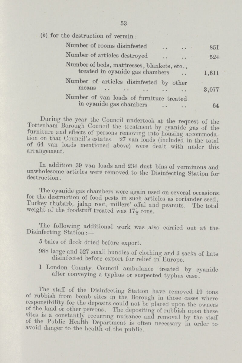 53 (b) for the destruction of vermin : Number of rooms dis infested 851 Number of articles destroyed 524 Number of beds, mattresses, blankets, etc., treated in cyanide gas chambers 1,611 Number of articles disinfested by other means 3,077 Number of van loads of furniture treated in cyanide gas chambers 64 During the year the Council undertook at the request of the Tottenham Borough Council the treatment by cyanide gas of the furniture and effects of persons removing into housing accommoda tion on that Council's estates. 27 van loads (included in the total of 64 van loads mentioned above) were dealt with under this arrangement. In addition 39 van loads and 234 dust bins of verminous and unwholesome articles were removed to the Disinfecting Station for destruction. The cyanide gas chambers were again used on several occasions for the destruction of food pests in such articles as coriander seed, Turkey rhubarb, jalap root, millers' offal and peanuts. The total weight of the foodstuff treated was 17½ tons. The following additional work was also carried out at the Disinfecting Station:— 5 bales of flock dried before export. 988 large and 527 small bundles of clothing and 3 sacks of hats disinfected before export for relief in Europe. 1 London County Council ambulance treated by cyanide after conveying a typhus or suspected typhus case. The staff of the Disinfecting Station have removed 19 tons of rubbish from bomb sites in the Borough in those cases where responsibility for the deposits could not be placed upon the owners of the land or other persons. The depositing of rubbish upon these sites is a constantly recurring nuisance and removal by the staff of the Public Health Department is often necessary in order to avoid danger to the health of the public.