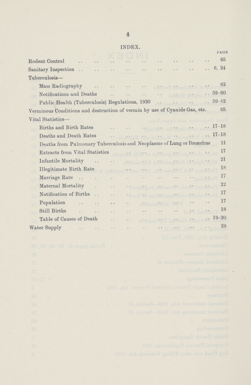 4 INDEX. PAGE Rodent Control 65 Sanitary Inspection 6, 24 Tuberculosis— Mass Radiography 62 Notifications and Deaths 59-60 Public Health (Tuberculosis) Regulations, 1930 59-62 Verminous Conditions and destruction of vermin by use of Cyanide Gas, etc. 65 Vital Statistics— Births and Birth Rates 17-18 Deaths and Death Rates 17-18 Deaths from Pulmonary Tuberculosis and Neoplasms of Lung or Bronchus 21 Extracts from Vital Statistics 17 Infantile Mortality 21 Illegitimate Birth Rate 18 Marriage Rate 17 Maternal Mortality 22 Notification of Births 17 Population 17 Still Births 18 Table of Causes of Death 19-20 Water Supply 29