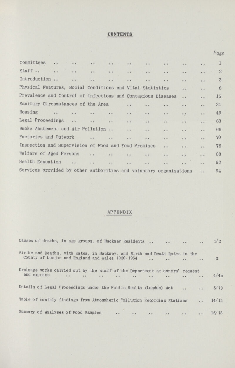 CONTENTS Page Committees 1 Staff 2 Introduction 3 Physical Features, Social Conditions and Vital Statistics 6 Prevalence and Control of Infectious and Contagious Diseases 15 Sanitary Circumstances of the Area 31 Housing 49 Legal Proceedings 63 Smoke Abatement and Air Pollution 66 Factories and Outwork 70 Inspection and Supervision of Food and Food Premises 76 Welfare of Aged Persons 88 Health Education 92 Services provided by other authorities and voluntary organisations 94 APPENDIX Causes of deaths, in age groups, of Hackney Residents 1/2 Births and Deaths, with Rates, in Hackney, and Birth and Death Rates in the County of London and England and Wales 1930-1954 3 Drainage works carried out by the staff of the Department at owners' request and expense 4/4a Details of Legal Proceedings under the Public Health (London) Act 5/13 Table of monthly findings from Atmospheric Pollution Recording Stations 14/15 Summary of Analyses of Pood Samples 16/18