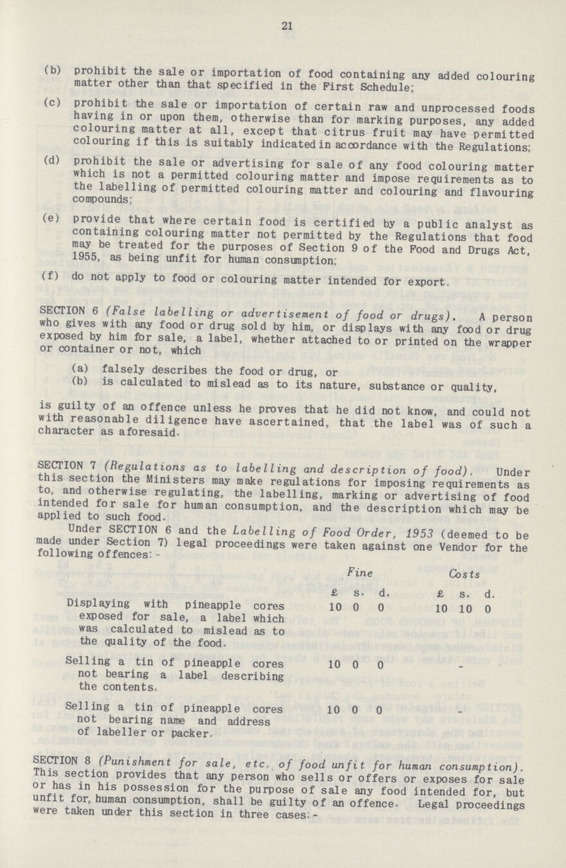 21 (b) prohibit the sale or importation of food containing any added colouring matter other than that specified in the First Schedule; (c) prohibit the sale or importation of certain raw and unprocessed foods having in or upon them, otherwise than for marking purposes, any added colouring matter at all, except that citrus fruit may have permitted colouring if this is suitably indicated in accordance with the Regulations; (d) prohibit the sale or advertising for sale of any food colouring matter which is not a permitted colouring matter and impose requirements as to the labelling of permitted colouring matter and colouring and flavouring compounds; (e) provide that where certain food is certified by a public analyst as containing colouring matter not permitted by the Regulations that food may be treated for the purposes of Section 9 of the Pood and Drugs Act, 1955, as being unfit for human consumption, (f) do not apply to food or colouring matter intended for export. SECTION 6 (False labelling or advertisement of food or drugs). A person who gives with any food or drug sold by him., or displays with any food or drug exposed by him for sale, a label, whether attached to or printed on the wrapper or container or not, which (a) falsely describes the food or drug, or (b) is calculated to mislead as to its nature, substance or quality, is guilty of an offence unless he proves that he did not know, and could not with reasonable diligence have ascertained, that the label was of such a character as aforesaid SECTION 7 (Regulations as to labelling and description of food). Under this section the Ministers may make regulations for imposing requirements as to, and otherwise regulating, the labelling, marking or advertising of food intended for sale for human consumption, and the description which may be applied to such food- Under SECTION 6 and the Labelling of Food Order, 1953 (deemed to be made under Section 7) legal proceedings were taken against one Vendor for the following offences: - Fine Costs Displaying with pineapple cores exposed for sale, a label which was calculated to mislead as to the quality of the food. £ 10 s. 0 d. 0 £ 10 s. 10 d. 0 Selling a tin of pineapple cores not bearing a label describing the contents. 10 0 0 - Selling a tin of pineapple cores not bearing name and address of labeller or packer. 10 0 0 - SECTION 8 (Punishment for sale, etc. of food unfit for human consumption). This section provides that any person who sells or offers or exposes for sale or has in his possession for the purpose of sale any food intended for, but unfit for, human consumption, shall be guilty of an offence. Legal proceedings were taken under this section in three cases.-