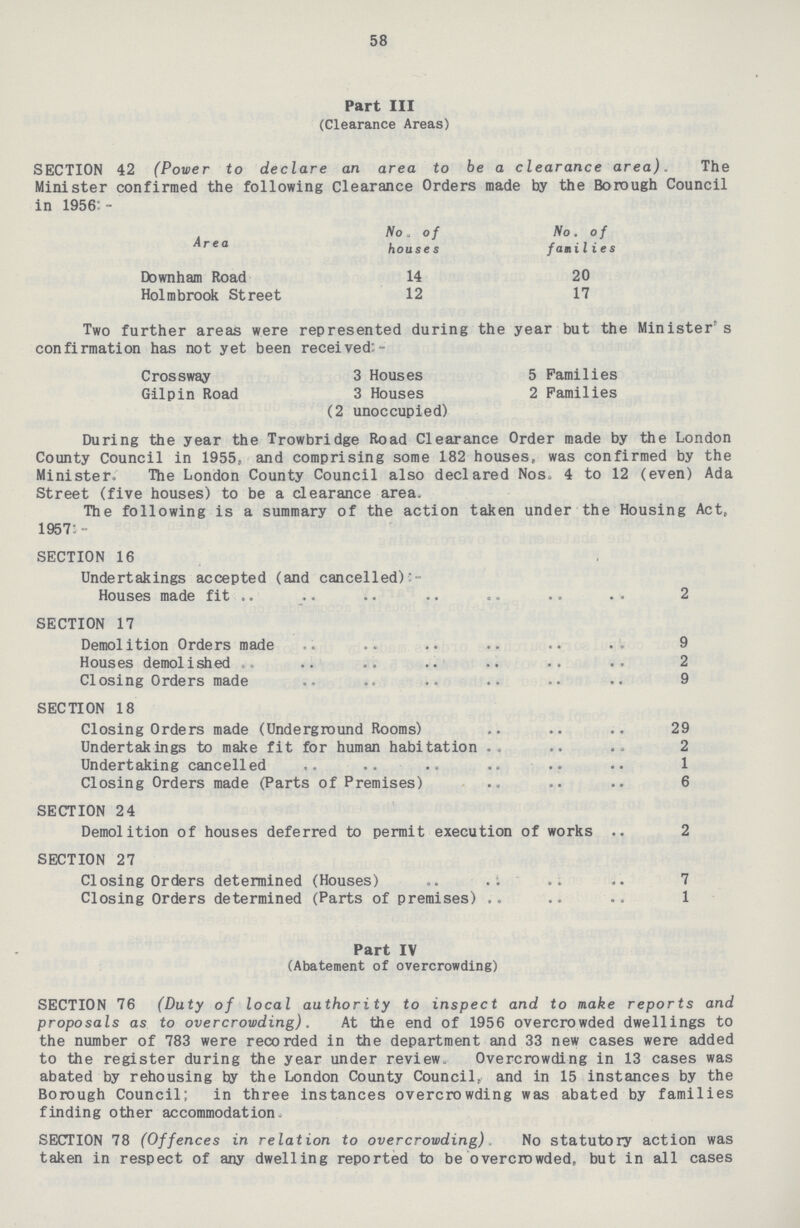 58 Part III (Clearance Areas) SECTION 42 (Power to declare an area to be a clearance area). The Minister confirmed the following Clearance Orders made by the Borough Council in 1956: - No of No. of Area houses families Downham Road 14 20 Holmbrook Street 12 17 Two further areas were represented during the year but the Minister s confirmation has not yet been received:- Crossway 3 Houses 5 Families Gilpin Road 3 Houses 2 Families (2 unoccupied) During the year the Trowbridge Road Clearance Order made by the London County Council in 1955, and comprising some 182 houses, was confirmed by the Minister. The London County Council also declared Nos. 4 to 12 (even) Ada Street (five houses) to be a clearance area. The following is a summary of the action taken under the Housing Act, 1957: - SECTION 16 Undertakings accepted (and cancelled) Houses made fit 2 SECTION 17 Demolition Orders made 9 Houses demolished 2 Closing Orders made 9 SECTION 18 Closing Orders made (Underground Rooms) 29 Undertakings to make fit for human habitation 2 Undertaking cancelled 1 Closing Orders made (Parts of Premises) .. .. .. 6 SECTION 24 Demolition of houses deferred to permit execution of works 2 SECTION 27 Closing Orders determined (Houses) 7 Closing Orders determined (Parts of premises) 1 Part IV (Abatement of overcrowding) SECTION 76 (Duty of local authori ty to inspect and to make reports and proposals as to overcrowding). At the end of 1956 overcrowded dwellings to the number of 783 were recorded in the department and 33 new cases were added to the register during the year under review- Overcrowding in 13 cases was abated by rehousing by the London County Council, and in 15 instances by the Borough Council; in three instances overcrowding was abated by families finding other accommodation- SECTION 78 (Offences in relation to overcrowding). No statutory action was taken in respect of any dwelling reported to be overcrowded, but in all cases