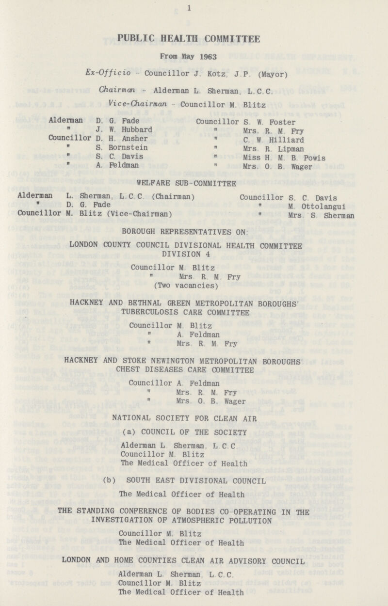 1 PUBLIC HEALTH COMMITTEE From May 1963 Ex-Officio Councillor J Kotz J P (Mayor) Chairmen - Alderman L Sherman L.C C. Vice-Chairman - Councillor M Blitz Alderman D. G Fade Councillor S W Foster  J. W Hubbard  Mrs. R, M Fry Councillor D. H Ansher  C W Hilliard  S, Bornstein n Mrs R Lipman  S. C. Davis  Miss H M B Powis  A. Feldman  Mrs. 0 B Wager WELFARE SUB-COMMITTEE Alderman L. Sherman, L.C C (Chairman) Councillor S C Davis  D. G. Fade  M Ottolangui Councillor M. Blitz (Vice-Chairman)  Mrs S Sherman BOROUGH REPRESENTATIVES ON LONDON COUNTY COUNCIL DIVISIONAL HEALTH COMMITTEE DIVISION 4 Councillor M Blitz  Mrs R M Fry (Two vacancies) HACKNEY AND BETHNAL GREEN METROPOLITAN BOROUGHS TUBERCULOSIS CARE COMMITTEE Councillor M Blitz  A Feldman  Mrs R M Fry HACKNEY AND STOKE NEWINGTON METROPOLITAN BOROUGHS CHEST DISEASES CARE COMMITTEE Councillor A Feldman ■ Mrs R M Fry  Mrs 0 B. Wager NATIONAL SOCIETY FOR CLEAN AIR (a) COUNCIL OF THE SOCIETY Alderman L Sherman L C C Councillor M Blitz The Medical Officer of Health (b) SOUTH EAST DIVISIONAL COUNCIL The Medical Officer of Health THE STANDING CONFERENCE OF BODIES CO OPERATING IN THE INVESTIGATION OF ATMOSPHERIC POLLUTION Councillor M Blitz The Medical Officer of Health LONDON AND HOME COUNTIES CLEAN AIR ADVISORY COUNCIL Alderman L Sherman L C C Councillor M Blitz The Medical Officer of Health