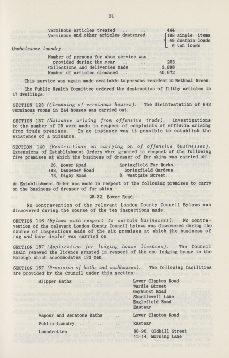 31 Verminous articles treated 444 Verminous and other articles destroyed 188 single items 48 dustbin loads 6 van loads Unwholesome laundry Number of persons for whom service was provided during the year 203 Collections and deliveries made 3,898 Number of articles cleansed 40,672 This service was again made available to persons resident in Bethnal Green The Public Health Committee ordered the destruction of filthy articles in 17 dwellings. SECTION 123 (Cleansing of verminous houses). The disinfestation of 643 verminous rooms in 244 houses was carried out. SECTION 137 (Nuisance arising from offensive trade). Investigations to the number of 25 were made in respect of complaints of effluvia arising from trade premises In no instance was it possible to establish the existence of a nuisance. SECTION 140 (Restrictions on carrying on of offensive businesses). Extensions of Establishment Orders Were granted in respect of the following five premises at which the business of dresser of fur skins was carried on:- 26, Bower Road Springfield Pur Works 198, Daubeney Road Springfield Gardens 73, Digby Road 8, Westgate Street, An Establishment Order was made in respect of the following premises to carry on the business of dresser of fur skins:- 28-32 Bower Road No contravention of the relevant London County Council Bylaws was discovered during the course of the ten inspections made SECTION 146 (Bylaws with respect to certain businesses). No contravention of the relevant London County Council bylaws was discovered during the course of inspections made of the six premises at which the business of rag and bone dealer was carried on SECTION 157 (Application for lodging house licences). The Council again renewed the licence granted in respect of the one lodging house in the Borough which accommodates 133 men SECTION 167 (Provision of baths and washhouses). The following facilities are provided by the Council under this section:- Slipper Baths Lower Clapton Road Wardle Street Gayhurst Road Shacklewell Lane Englefield Road Eastway Vapour and Aeratone Baths Lower Clapton Road Public Laundry Eastway Laundrettes 88-90, Oldhill Street 12-14, Morning Lane