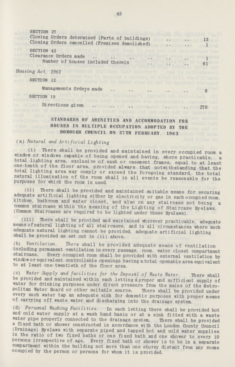 45 SECTION 27 Closing Orders determined (Parts of buildings) 13 Closing Orders cancelled (Premises demolished) 1 SECTION 42 Clearance Orders made l Number of houses included therein 61 Housing Act 1961 SECTION 12 Managements Orders made 6 SECTION 19 Directions given 270 STANDARDS OF AMENITIES AND ACCOMMODATION FOR HOUSES IN MULTIPLE OCCUPATION ADOPTED BY THE BOROUGH COUNCIL ON 27TH FEBRUARY 1963 (a) Natural arid Artificial Limiting (i) There shall be provided and maintained in every occupied room a window or windows capable of being opened and having, where practicable, a total lighting area, exclusive of sash or casement frames, equal to at least one-tenth of the floor area, provided always that notwithstanding that the total lighting area may comply or exceed the foregoing standard, the total natural illumination of the room shall in all events be reasonable for the purposes for which the room is used. (ii) There shall be provided and maintained suitable means for securing adequate artificial lighting either by electricity or gas in each occupied room, kitchen, bathroom and water closet, and also on any staircase not being a common staircase within the meaning of the Lighting of Staircase Byelaws. (Common Staircases are required to be lighted under these Byelaws). (iii) There shall be provided and maintained wherever practicable, adequate means of natural lighting of all staircases, and in all circumstances where such adequate natural lighting cannot be provided adequate artificial lighting shall be provided as set out in (ii) above. (b) Ventilation There shall be provided adequate means of ventilation including permanent ventilation in every passage, room water closet compartment staircase. Every occupied room shall be provided with external ventilation by window or equivalent controllable openings having a total openable area equivalent to at least one* twentieth of the floor area (c) Water Supply and facilities for the Deposal of Waste Ylater. There shall be provided and maintained within each letting a proper and sufficient supply of water for drinking purposes under direct pressure from the mains of the Metro politan Water Board or other suitable source. There shall be provided under every such water tap an adequate sink for domestic purposes with proper means of carrying off waste water and discharging into the drainage system. (d) Personal Washing Facilities In each letting there shall be provided hot and cold water supply at a wash hand basin or at a sink fitted with a waste water pipe properly connected to the drainage system. There shall be provided a fixed bath or shower constructed in accordance with the London Cbunty Council (Drainage) Byelaws with separate piped and tapped hot and cold water supplies in the ratio of two fixed baths or one fixed bath and one shower to every 10 persons irrespective of age. Every fixed bath or shower is to be in a separate compartment within the building not more than one storey distant from any rooms occupied by the person or persons for whom it is provided.