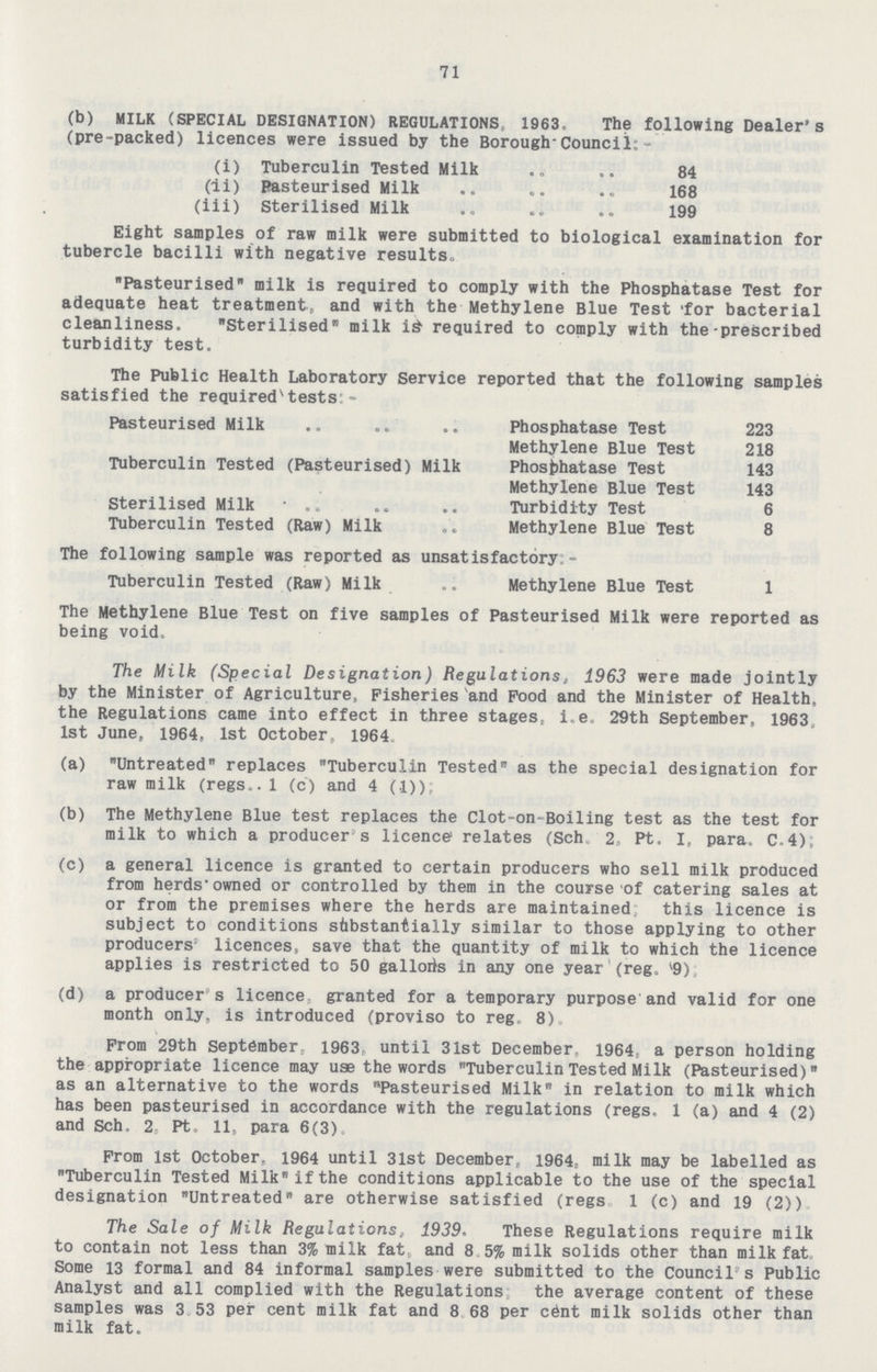 71 (b) MILK (SPECIAL DESIGNATION) REGULATIONS, 1963. The following Dealer's (pre-packed) licences were issued by the Borough-Council:- (i) Tuberculin Tested Milk 84 (ii) Pasteurised Milk 168 (iii) Sterilised Milk 199 Eight samples of raw milk were submitted to biological examination for tubercle bacilli with negative results. Pasteurised milk is required to comply with the Phosphatase Test for adequate heat treatment, and with the Methylene Blue Test 'for bacterial cleanliness. Sterilised milk i£ required to comply with the-prescribed turbidity test. The Public Health Laboratory Service reported that the following samples satisfied the required tests:- Pasteurised Milk Phosphatase Test 223 Methylene Blue Test 218 Tuberculin Tested (Pasteurised) Milk Phosphatase Test 143 Methylene Blue Test 143 Sterilised Milk Turbidity Test 6 Tuberculin Tested (Raw) Milk Methylene Blue Test 8 The following sample was reported as unsatisfactory:- Tuberculin Tested (Raw) Milk Methylene Blue Test 1 The Methylene Blue Test on five samples of Pasteurised Milk were reported as being void. The Milk (Special Designation) Regulations, 1963 were made jointly by the Minister of Agriculture, Fisheries and Food and the Minister of Health, the Regulations came into effect in three stages, i.e. 29th September, 1963, 1st June, 1964, 1st October, 1964 (a) Untreated replaces Tuberculin Tested as the special designation for raw milk (regs..l (c) and 4 (1)); (b) The Methylene Blue test replaces the Clot-on-Boiling test as the test for milk to which a producer's licence relates (Sch 2, Pt. I, para, C-4); (c) a general licence is granted to certain producers who sell milk produced from herdsowned or controlled by them in the course of catering sales at or from the premises where the herds are maintained this licence is subject to conditions substantially similar to those applying to other producers' licences, save that the quantity of milk to which the licence applies is restricted to 50 galloris in any one year (reg. 9), (d) a producer's licence granted for a temporary purpose and valid for one month only, is introduced (proviso to reg, 8). From 29th September, 1963: until 31st December, 1964, a person holding the appropriate licence may use the words Tuberculin Tested Milk (Pasteurised) as an alternative to the words Pasteurised Milk in relation to milk which has been pasteurised in accordance with the regulations (regs. 1 (a) and 4 (2) and Sch, 2 Pt, 11, para 6(3). From 1st October, 1964 until 31st December, 1964r milk may be labelled as Tuberculin Tested Milk if the conditions applicable to the use of the special designation Untreated are otherwise satisfied (regs 1 (c) and 19 (2)) The Sale of Milk Regulations, 1939, These Regulations require milk to contain not less than 3% milk fat and 8 5% milk solids other than milk fat Some 13 formal and 84 informal samples were submitted to the Council s Public Analyst and all complied with the Regulations the average content of these samples was 3 53 per cent milk fat and 8 68 per cent milk solids other than milk fat.
