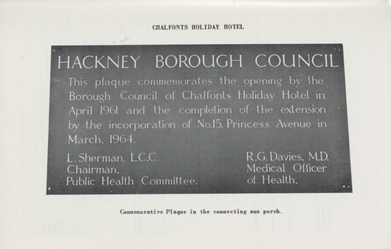 CHALFONTS HOLIDAY HOTEL Commemorative Plaque in the connecting sun porch.