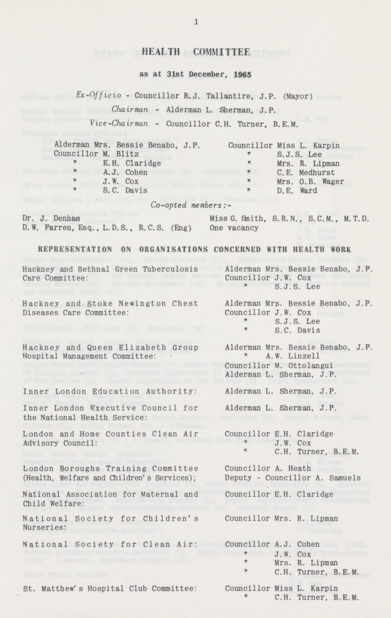 1 HEALTH COMMITTEE as at 31st December, 1965 Ex-Officio - Councillor R.J. Tallantire, J.P. (Mayor) Chairman - Alderman L. Sherman, J.P. Vice-Chairman - Councillor C. H. Turner, B. E. M. Alderman Mrs. Bessie Benabo, J.P. Councillor M. Blitz  E. H. Claridge  A.J. Cohen  J. W. Cox  S. C. Davis Councillor Miss L. Karpin  S.J.S. Lee  Mrs. R. Lipman  C. E. Medhurst  Mrs. O.B. Wager  D. E. Ward Co-opted members Dr. J. Denhara D. W. Parren, Esq., L. D. S., R. C. S. (Eng) Miss G. Smith, S. R. N., S. C. M., M. T. D. One vacancy REPRESENTATION ON ORGANISATIONS CONCERNED WITH HEALTH WORK Hackney and Bethnal Green Tuberculosis Alderman Mrs. Bessie Benabo, J.P. Care Committee: Councillor J.W. Cox  S.J.S. Lee Hackney and stoke Newington Chest Alderman Mrs. Bessie Benabo, J.P. Diseases Care Committee: Councillor J.W. Cox  S.J.S. Lee  S.C. Davis Hackney and Queen Elizabeth Group Alderman Mrs. Bessie Benabo, J.P. Hospital Management Committee:  A.W. Linzell Councillor M. Ottolangui Alderman L. Sherman, J.P. Inner London Education Authority: Alderman L. Sherman, J.P. Inner London Executive Council for Alderman L. Sherman, J.P. the National Health Service: London and Home Counties Clean Air Councillor E.H. Claridge Advisory Council:  J.W. Cox  C.H. Turner, B.E.M. London Boroughs Training Committee Councillor A. Heath (Health, Welfare and Children's Services); Deputy - Councillor A. Samuels National Association for Maternal and Councillor E.H. Claridge Child Welfare: National Society for Children's Councillor Mrs. R. Lipman Nurseries: National Society for Clean Air: Councillor A.J. Cohen  J.W. Cox  Mrs. R. Lipman  C.H. Turner, B.E.M. St. Matthew's Hospital Club Committee: Councillor Miss L. Karpin  C.H. Turner, B.E.M.