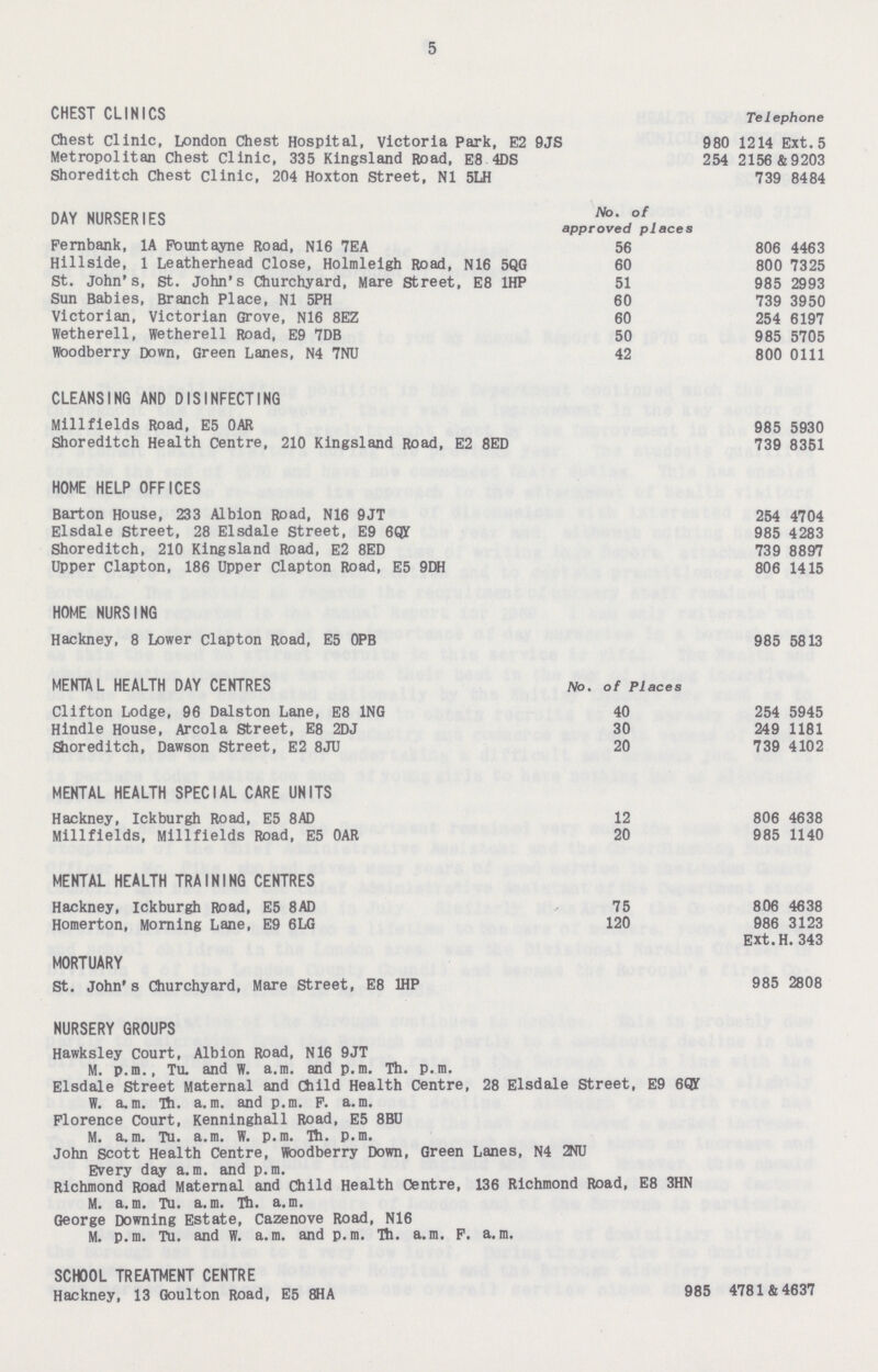 5 CHEST CLINICS Telephone Chest Clinic, London Chest Hospital, victoria Park, E2 9JS 980 1214 Ext. 5 Metropolitan Chest Clinic, 335 Kingsland Road, E8 4DS 254 2156 & 9203 Shoreditch Chest Clinic, 204 Hoxton Street, NI 5LH 739 8484 DAY NURSERIES No. of approved places Fernbank, 1A Fountayne Road, N16 7EA 56 806 4463 Hillside, 1 Leatherhead Close, Holmleigh Road, N16 5QG 60 800 7325 St. John's, St. John's Churchyard, Mare Street, E81HP 51 985 2993 Sun Babies, Branch Place, NI 5PH 60 739 3950 Victorian, Victorian Grove, N16 8EZ 60 254 6197 Wetherell, Wetherell Road, E9 7DB 50 985 5705 Woodberry Down, Green Lanes, N4 7NU 42 800 0111 CLEANSING AND DISINFECTING Millfields Road, E5 OAR 985 5930 Shoreditch Health Centre, 210 Kingsland Road, E2 8ED 739 8351 HOME HELP OFFICES Barton House, 233 Albion Road, N16 9JT 254 4704 Elsdale Street, 28 Elsdale Street, E9 6QY 985 4283 Shoreditch, 210 Kingsland Road, E2 8ED 739 8897 Upper Clapton, 186 Upper Clapton Road, E5 9DH 806 1415 HOME NURSING Hackney, 8 Lower Clapton Road, E5 0PB 985 5813 MENTAL HEALTH DAY CENTRES No. of Places Clifton Lodge, 96 Dalston Lane, E8 1NG 40 254 5945 Hindle House, Areola Street, E8 2DJ 30 249 1181 Shoreditch, Dawson Street, E2 8JU 20 739 4102 MENTAL HEALTH SPECIAL CARE UNITS Hackney, Ickburgh Road, E5 8AD 12 806 4638 Millfields, Millfields Road, E5 OAR 20 985 1140 MENTAL HEALTH TRAINING CENTRES Hackney, Ickburgh Road, E5 8AD 75 806 4638 Homerton, Morning Lane, E9 6LG 120 986 3123 Ext.H. 343 MORTUARY St. John's Churchyard, Mare Street, E8 1HP 9 8 5 28 08 NURSERY GROUPS Hawksley Court, Albion Road, N16 9JT M. p.m., TU and W. a.m. and p.m. Th. p.m. Elsdale Street Maternal and Child Health Centre, 28 Elsdale Street, E9 6QY W. a.m. Th. a.m. and p.m. F. a.m. Florence Court, Kenninghall Road, E5 8BU M. a.m. Tu. a.m. W. p.m. Th. p.m. John Scott Health Centre, Woodberry Down, Green Lanes, N4 2NU Every day a.m. and p.m. Richmond Road Maternal and Child Health Centre, 136 Richmond Road, E8 3HN M. a.m. Tu. a.m. Th. a.m. George Downing Estate, Cazenove Road, N16 M. p.m. Tu. and W. a.m. and p.m. Th. a.m. F. a.m. SCHOOL TREATMENT CENTRE Hackney, 13 Goulton Road, E5 8HA 985 4781 & 4637