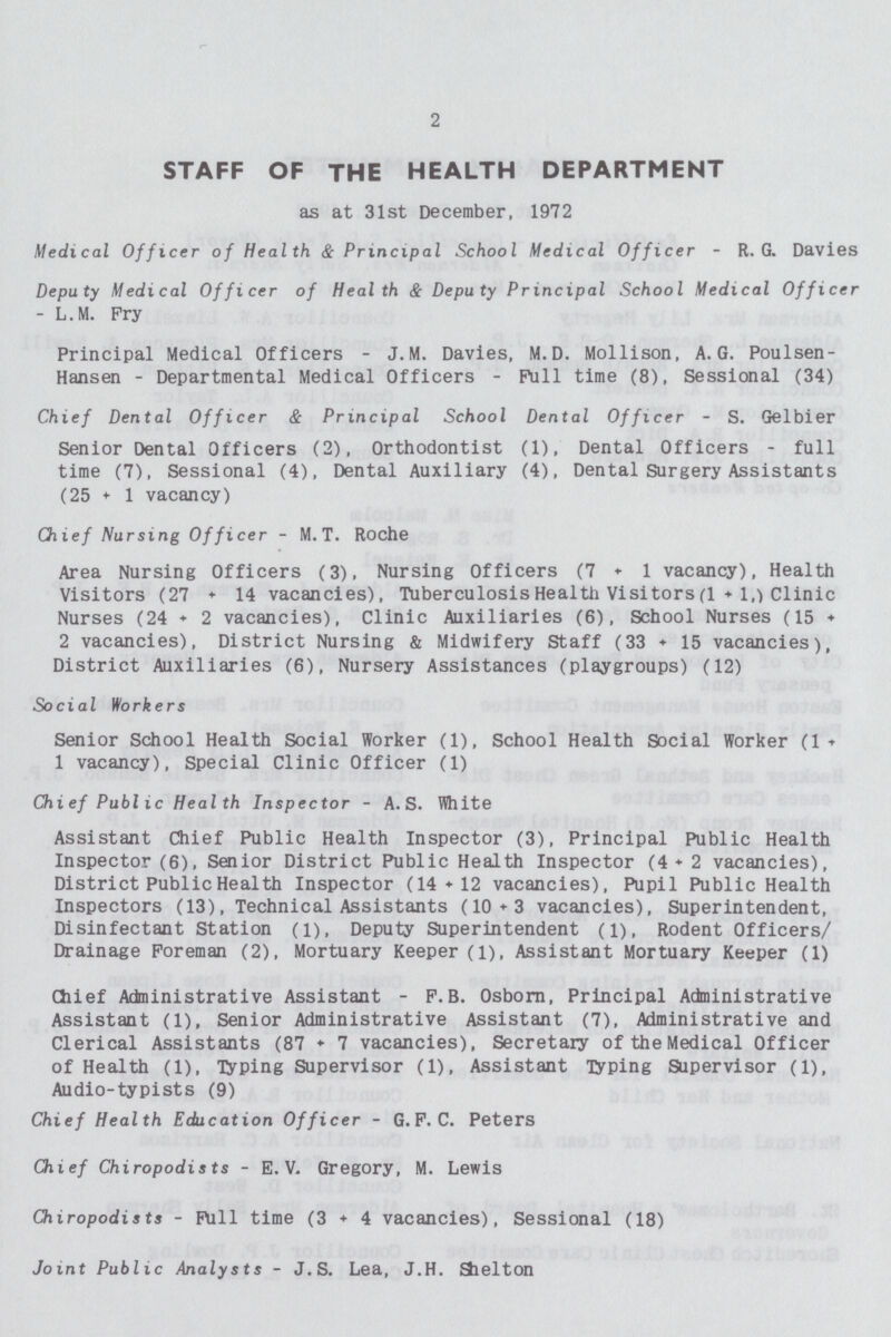 2 STAFF OF THE HEALTH DEPARTMENT as at 31st December, 1972 Medical Officer of Health & Principal School Medical Officer - R. G. Davies Deputy Medical Officer of Health & Deputy Principal School Medical Officer - L.M. fry Principal Medical Officers - J.M. Davies, M.D. Mollison, A. G. Poulsen Hansen - Departmental Medical Officers - Pull time (8), Sessional (34) Chief Dental Officer & Principal School Dental Officer - S. Gelbier Senior Dental Officers (2), Orthodontist (1), Dental Officers - full time (7), Sessional (4), Dental Auxiliary (4), Dental Surgery Assistants (25+1 vacancy) Chief Nursing Officer - M. T. Roche Area Nursing Officers (3), Nursing Officers (7+1 vacancy), Health Visitors (27 + 14 vacancies), Tuberculosis Health Visitors (1 + 1,) Clinic Nurses (24 + 2 vacancies), Clinic Auxiliaries (6), School Nurses (15 + 2 vacancies), District Nursing & Midwifery Staff (33 + 15 vacancies), District Auxiliaries (6), Nursery Assistances (playgroups) (12) Social Workers Senior School Health Social Worker (1), School Health Social Worker (1 + 1 vacancy), Special Clinic Officer (1) Chief Public Heal th Inspector - A. S. White Assistant Chief Public Health Inspector (3), Principal Public Health Inspector (6), Senior District Public Health Inspector (4 + 2 vacancies), District Public Health Inspector (14 + 12 vacancies), Pupil Public Health Inspectors (13), Technical Assistants (10 + 3 vacancies), Superintendent, Disinfectant Station (l), Deputy Superintendent (l), Rodent Officers/ Drainage Foreman (2), Mortuary Keeper (l), Assistant Mortuary Keeper (1) Chief Administrative Assistant - F.B. Osborn, Principal Administrative Assistant (1), Senior Administrative Assistant (7), Administrative and Clerical Assistants (87 + 7 vacancies), Secretary of the Medical Officer of Health (1), Typing Supervisor (1), Assistant Typing Supervisor (1), Audio-typists (9) Chief Health Education Officer - G. F. C. Peters Chief Chiropodists - E. V, Gregory, M. Lewis Chiropodists - Pull time (3 + 4 vacancies), Sessional (18) Joint Public Analysts - J.S. Lea, J.H. Shelton