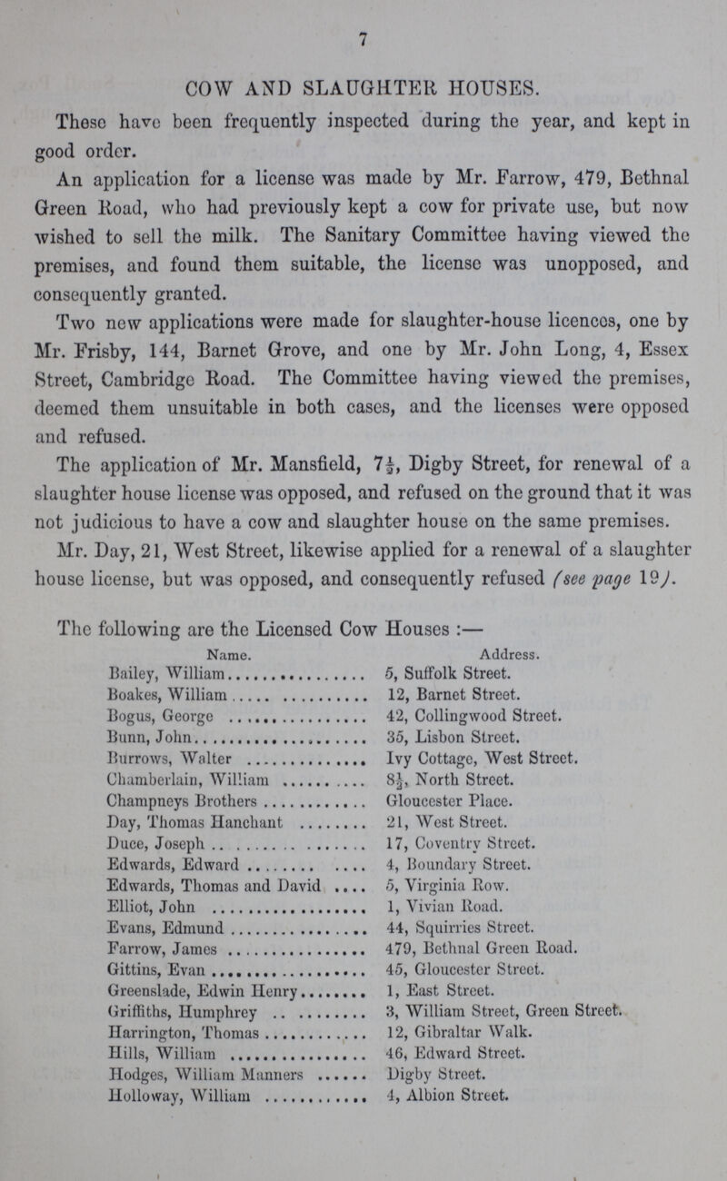 7 COW AND SLAUGHTER HOUSES. These have been frequently inspected during the year, and kept in good order. An application for a license was made by Mr. Farrow, 479, Bethnal Green Road, who had previously kept a cow for private use, but now wished to sell the milk. The Sanitary Committee having viewed the premises, and found them suitable, the license was unopposed, and consequently granted. Two new applications were made for slaughter-house licences, one by Mr. Frisby, 144, Barnet Grove, and one by Mr. John Long, 4, Essex Street, Cambridge Road. The Committee having viewed the premises, deemed them unsuitable in both cases, and the licenses were opposed and refused. The application of Mr. Mansfield, 7½, Digby Street, for renewal of a slaughter house license was opposed, and refused on the ground that it was not judicious to have a cow and slaughter house on the same premises. Mr. Day, 21, West Street, likewise applied for a renewal of a slaughter house license, but was opposed, and consequently refused (see page 19). The following are the Licensed Cow Houses:— Name. Address. Bailey, William 5, Suffolk Street. Boakes, William 12, Barnet Street. Bogus, George 42, Collingwood Street. Bunn, John 35, Lisbon Street. Burrows, Walter Ivy Cottage, West Street. Chamberlain, William 8½, North Street. Champneys Brothers Gloucester Place. Day, Thomas Hanchant 21, West Street. Duce, Joseph 17, Coventry Street. Edwards, Edward 4, Boundary Street. Edwards, Thomas and David 5, Virginia Row. Elliot, John 1, Vivian Road. Evans, Edmund 44, Squirries Street. Farrow, James 479, Bethnal Green Road. Gittins, Even 45, Gloucester Street. Greenslade, Edwin Henry 1, East Street. Griffiths, Humphrey 3, William Street, Green Street. Harrington, Thomas 12, Gibraltar Walk. Hills, William 46, Edward Street. Hodges, William Manners Digby Street. Holloway, William 4, Albion Street.
