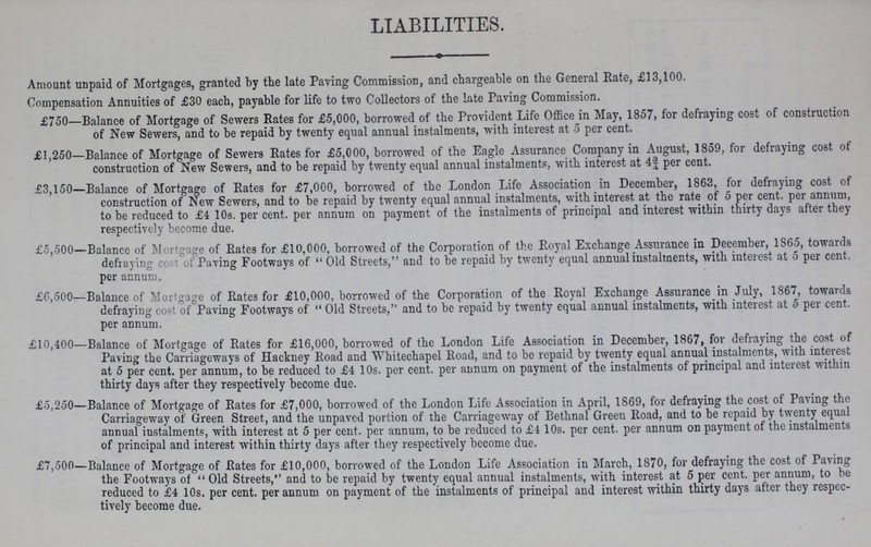 LIABILITIES. Amount unpaid of Mortgages, granted by the late Paving Commission, and chargeable on the General Rate, £13,100. Compensation Annuities of £30 each, payable for life to two Collectors of the late Paving Commission. £750—Balance of Mortgage of Sewers Rates for £5,000, borrowed of the Provident Life Office in May, 1857, for defraying cost of construction of New Sewers, and to be repaid by twenty equal annual instalments, with interest at 5 per cent. £1,250—Balance of Mortgage of Sewers Rates for £5,000, borrowed of the Eagle Assurance Company in August, 1859, for defraying cost of construction of New Sewers, and to be repaid by twenty equal annual instalments, with interest at 4¾ per cent. £3,150—Balance of Mortgage of Rates for £7,000, borrowed of the London Life Association in December, 1863, for defraying cost of construction of New Sewers, and to be repaid by twenty equal annual instalments, with interest at the rate of 5 per cent. per annum, to be reduced to £4 10s. per cent. per annum on payment of the instalments of principal and interest within thirty days after they respectively become due. £5,500—Balance of Mortgage of Rates for £10,000, borrowed of the Corporation of the Royal Exchange Assurance in December, 1865, towards defraying cost of Paving Footways of Old Streets, and to be repaid by twenty equal annual instalments, with interest at 5 per cent. per annum. £6,500—Balance of Mortgage of Rates for £10,000, borrowed of the Corporation of the Royal Exchange Assurance in July, 1867, towards defraying cost of Paving Footways of Old Streets, and to be repaid by twenty equal annual instalments, with interest at 5 per cent. per annum. £10,400—Balance of Mortgage of Rates for £16,000, borrowed of the London Life Association in December, 1867, for defraying the cost of Paving the Carriageways of Hackney Road and Whitechapel Road, and to be repaid by twenty equal annual instalments, with interest at 5 per cent. per annum, to be reduced to £4 10s. per cent. per annum on payment of the instalments of principal and interest within thirty days after they respectively become due. £5,250—Balance of Mortgage of Rates for £7,000, borrowed of the London Life Association in April, 1869, for defraying the cost of Paving the Carriageway of Green Street, and the unpaved portion of the Carriageway of Bethnal Green Road, and to be repaid by twenty equal annual instalments, with interest at 5 per cent. per annum, to be reduced to £4 10s. per cent. per annum on payment of the instalments of principal and interest within thirty days after they respectively become due. £7,500—Balance of Mortgage of Rates for £10,000, borrowed of the London Life Association in March, 1870, for defraying the cost of Paving the Footways of Old Streets, and to be repaid by twenty equal annual instalments, with interest at 5 per cent. per annum, to be reduced to £4 10s. per cent. per annum on payment of the instalments of principal and interest within thirty days after they respec tively become due.