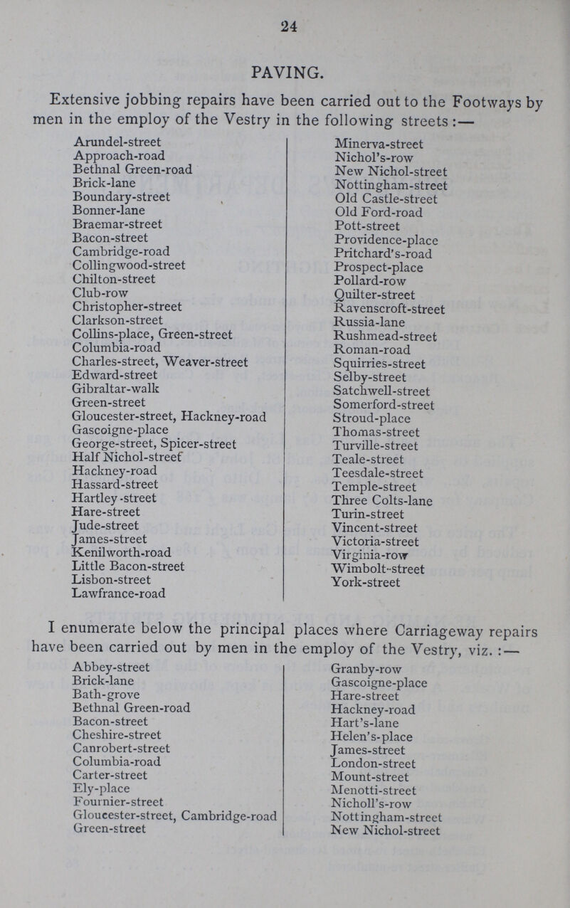 24 PAVING. Extensive jobbing repairs have been carried out to the Footways by men in the employ of the Vestry in the following streets:— Arundel-street Approach-road Bethnal Green-road Brick-lane Boundary-street Bonner-lane Braemar-street Bacon-street Cambridge-road Collingwood-street Chilton-street Club-row Christopher-street Clarkson-street Collins-place, Green-street Columbia-road Charles-street, Weaver-street Edward-street Gibraltar-walk Green-street Gloucester-street, Hackney-road Gascoigne-place George-street, Spicer-street Half Nichol-streef Hackney-road Hassard-street Hartley -street Hare-street Jude-street James-street Kenilworth-road Little Bacon-street Lisbon-street Lawfrance-road Minerva-street Nichol's-row New Nichol-street Nottingham-street Old Castle-street Old Ford-road Pott-street Providence-place Pritchard's-road Prospect-place Pollard-row Quilter-street Ravenscroft-street Russia-lane Rushmead-street Roman-road Squirries-street Selby-street Satchwell-street Somerford-street Stroud-place Thomas-street Turville-street Teale-street Teesdale-street Temple-street Three Colts-lane Turin-street Vincent-street Victoria-street Virginia-row Wimbolt-street York-street I enumerate below the principal places where Carriageway repairs have been carried out by men in the employ of the Vestry, viz.:— Abbey-street Brick-lane Bath-grove Bethnal Green-road Bacon-street Cheshire-street Canrobert-street Columbia-road Carter-street Ely-place Fournier-street Gloucester-street, Cambridge-road Green-street Granby-row Gascoigne-place Hare-street Hackney-road Hart's-lane Helen's-place James-street London-street Mount-street Menotti-street Nicholl's-row Nottingham-street New Nichol-street