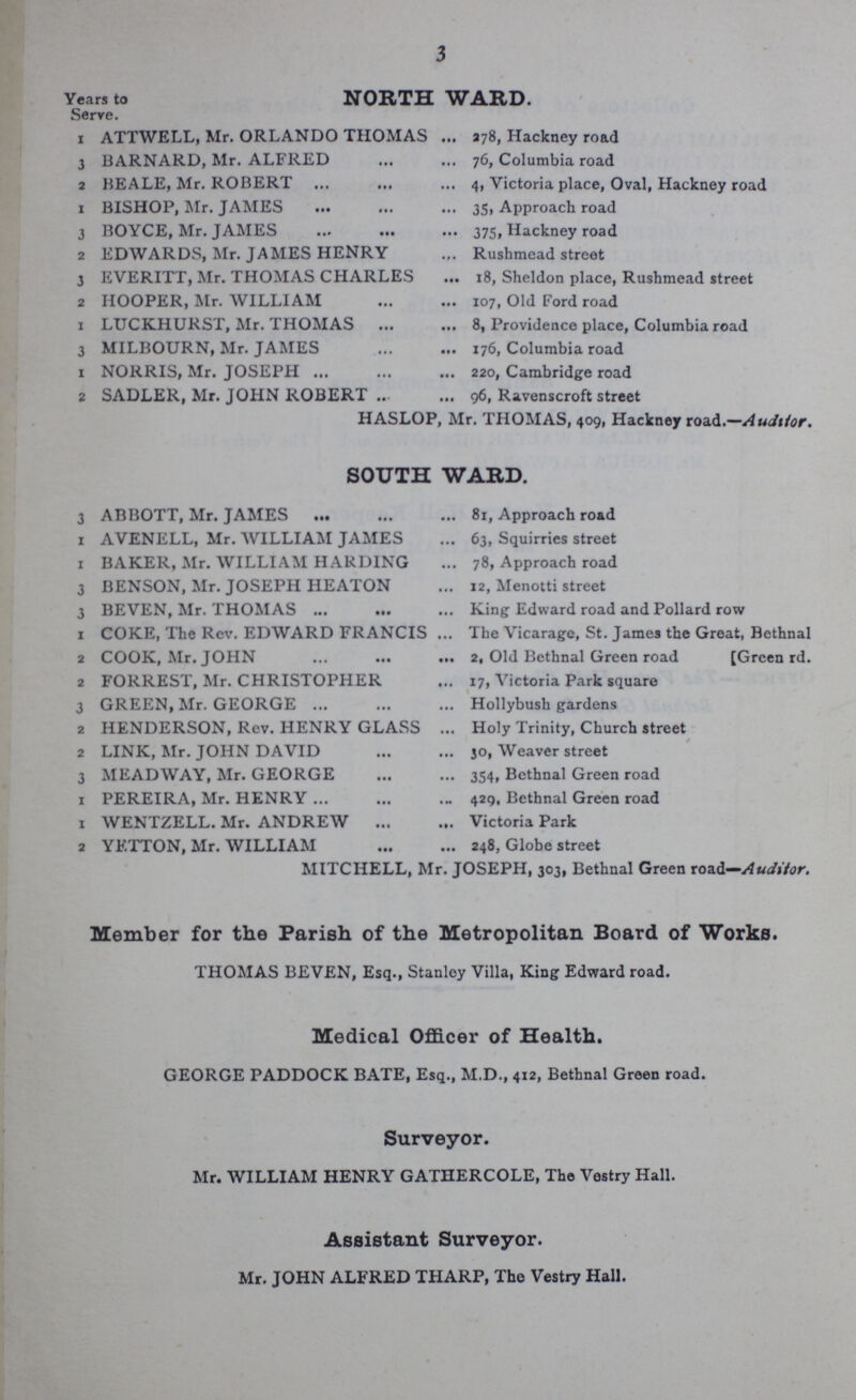 Memorandum. We, the undersigned Auditors for the Parish of St. Matthew, Bethnal Green, in the County of Middlesex, having duly examined and investigated the Accounts of the said Vestry, from the 25th day of March, 1878, to the 25th day of March, 1879, and the Vouchers in support of the same, together with the Books, Papers, Instruments, and Writings relating thereto, Do hereby Certify, that we have this day Audited such Accounts at the Vestry Hall, Church Row, Bethnal Green Road, in the said Parish, and the same are true and correct. i Given under our hands this 20 th day of May, 1879, (Signed) JOHN WATSON, THOMAS MEAN, JOSEPH MITCHELL, Auditors.
