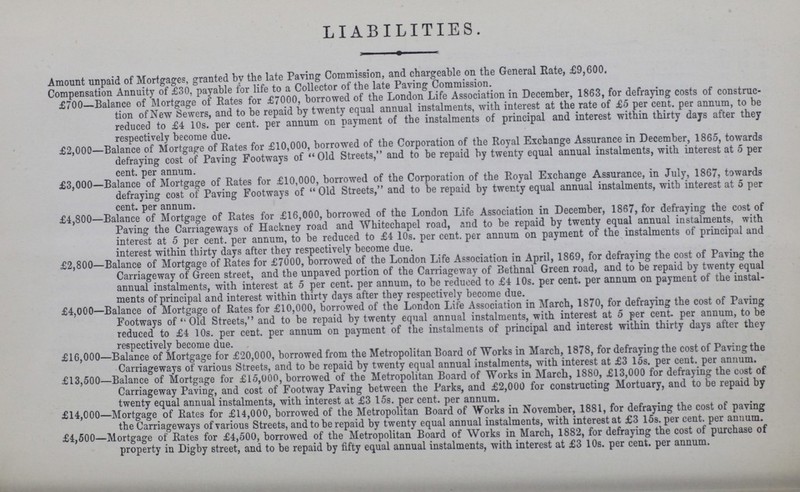 LIABILITIES. Amount unpaid of Mortgages, granted by the late Paving Commission, and chargeable on the General Rate, £9,600. Compensation Annuity of £30, payable for life to a Collector of the late Paving Commission. £700—Balance of Mortgage of Rates for £7000, borrowed of the London Life Association in December, 1863, for defraying costs of construc tion of New Sewers, and to be repaid by twenty equal annual instalments, with interest at the rate of £5 per cent, per annum, to be reduced to £4 10s. per cent, per annum on payment of the instalments of principal and interest within thirty days after they respectively become due. £2,000—Balance of Mortgage of Rates for £10,000, borrowed of the Corporation of the Royal Exchange Assurance in December, 186-5, towards defraying cost of Paving Footways of Old Streets, and to be repaid by twenty equal annual instalments, with interest at 5 per cent. per annum. £3,000—Balance of Mortgage of Rates for £10,000, borrowed of the Corporation of the Royal Exchange Assurance, in July, 1867, towards defraying cost of Paving Footways of Old Streets, and to be repaid by twenty equal annual instalments, with interest at 5 per cent. per annum. £4,800—Balance of Mortgage of Rates for £16,000, borrowed of the London Life Association in December, 1867, for defraying the cost of Paving the Carriageways of Hackney road and Whitechapel road, and to be repaid by twenty equal annual instalments, with interest at 5 per cent. per annum, to be reduced to £4 10s. per cent. per annum on payment of the instalments of principal and interest within thirty days after they respectively become due. £2,800—Balance of Mortgage of Rates for £7000, borrowed of the London Life Association in April, 1869, for defraying the cost of Paving the Carriageway of Green street, and the unpaved portion of the Carriageway of Bethnal Green road, and to be repaid by twenty equal annual instalments, with interest at 5 per cent. per annum, to be reduced to £4 10s. per cent. per annum on payment of the instal ments of principal and interest within thirty days after they respectively become due. £4,000—Balance of Mortgage of Rates for £10,000, borrowed of the London Life Association in March, 1870, for defraying the cost of Paving Footways of Old Streets, and to be repaid by twenty equal annual instalments, with interest at 5 per cent. per annum, to be reduced to £4 10s. per cent. per annum on payment of the instalments of principal and interest within thirty days after they respectively become due. £16,000—Balance of Mortgage for £20,000, borrowed from the Metropolitan Board of Works in March, 1878, for defraying the cost of Paving the Carriageways of various Streets, and to be repaid by twenty equal annual instalments, with interest at £3 15s. per cent. per annum. £13,500—Balance of Mortgage for £15,000, borrowed of the Metropolitan Board of Works in March, 1880, £13,000 for defraying the cost of Carriageway Paving, and cost of Footway Paving between the Parks, and £2,000 for constructing Mortuary, and to be repaid by twenty equal annual instalments, with interest at £3 15s. per cent. per annum. £14,000—Mortgage of Rates for £14,000, borrowed of the Metropolitan Board of Works in November, 1881, for defraying the cost of paving the Carriageways of various Streets, and to be repaid by twenty equal annual instalments, with interest at £3 15s. per cent. per annum. £4,500—Mortgage of Rates for £4,500, borrowed of the Metropolitan Board of Works in March, 1882, for defraying the cost of purchase of property in Digby street, and to be repaid by fifty equal annual instalments, with interest at £3 10s. per cent. per annum.