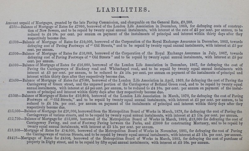 LIABILITIES. Amount unpaid of Mortgages, granted by tbe late Paving Commission, and chargeable on the General Eate, £9,200. £350—Balance of Mortgage of Rates for £7000, borrowed of the London Life Association in December, 1863, for defraying costs of construc tion of New Sewers, and to be repaid by twenty equal annual instalments, with interest at the rate of £5 per cent, per annum, to be reduced to £4 10s. per cent, per annum on payment of the instalments of principal and interest within thirty days after they respectively become due. £1500—Balance of Mortgage of Rates for £10,000, borrowed of the Corporation of the Royal Exchange Assurance in December, 1865, towards defraying cost of Paving Footways of  Old Streets, and to be repaid by twenty equal annual instalments, with interest at £5 per cent, per annum. £2500—Balance of Mortgage of Rates for £10,000, borrowed of the Corporation of the Royal Exchange Assurance in July, 1867, towards defraying cost of Paving Footways of  Old Streets  and to be repaid by twenty equal annual instalments, with interest at £5 per cent, per annum. £4000—Balance of Mortgage of Rates for £16,000, borrowed of the London Life Association in December, 1867, for defraying the cost of Paving the Carriageways of Hackney road and Whitechapel road, and to be repaid by twenty equal annual instalments with interest at £5 percent, per annum, to be reduced to £4 10s. per cent, per annum on payment of the instalments of principal and interest within thirty days after they respectively become due. £2450—Balance of Mortgage of Rates for £7000, borrowed of the London Life Association in April, 1869, for defraying the cost of Paving the Carriageway of Green street, and the unpaved portion of the Carriageway of Bethnal Green road, and to be repaid by twenty equal annual instalments, with interest at £5 per cent, per annum, to be reduced to £4 10s. percent, per annum on payment of the instal ments of principal and interest within thirty days after they respectively become due. £3500—Balance of Mortgage of Rates for £10,000, borrowed of the London Life Association in March, 1870, for defraying the cost of Paving Footways of  Old Streets, and to be repaid by twenty equal annual instalments, with interest at £5 per cent, per annum, to be reduced to £4 10s. per cent, per annum on payment of the instalments of principal and interest within thirty days after they respectively become due. £15,000—Balance of Mortgage for £20,000, borrowed from the Metropolitan Board of Works in March, 1878, for defraying the cost of Paving the Carriageways of various streets, and to be repaid by twenty equal annual instalments, with interest at £3 15s. per cent, per annum. £12,750—Balance of Mortgage for £15,000, borrowed of the Metropolitan Board of Works in March, 1880, £13,000 for defraying the cost of Carriageway Paving, and cost of Footway Paving between the Parks, and £2000 for constructing Mortuary, and to be repaid by twenty equal annual instalments, with interest at £3 15s. per cent, per annum. £13,300—Mortgage of Rates for £14,000, borrowed of the Metropolitan Board of Works in November, 1881, for defraying the cost of Paving the Carriageways of various Streets, and to be repaid by twenty equal annual instalments, with interest at £3 15s. per cent, per annum. £4410—Mortgage of Rates for £4500, borrowed of the Metropolitan Board of Works in March, 1882, for defraying the cost of purchase of property in Digby street, and to be repaid by fifty equal annual instalments, with interest at £3 10s. per annum.