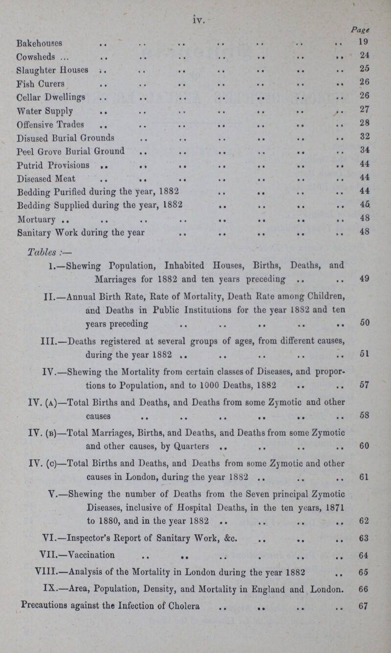 iv. Page Bakehouses 19 Cowsheds 24 Slaughter Houses0 25 Fish Curers 26 Cellar Dwellings 26 Water Supply 27 Offensive Trades 28 Disused Burial Crounds 32 Peel Grove Burial Ground 34 Putrid Provisions 44 Diseased Meat 44 Bedding Purified during the year, 1882 44 Bedding Supplied during the year, 1882 45 Mortuary 48 Sanitary Work during the year 48 Tables:— 1.—Shewing Population, Inhabited Houses, Births, Deaths, and Marriages for 1882 and ten years preceding 49 II.—Annual Birth Rate, Rate of Mortality, Death Rate among Children, and Deaths in Public Institutions for the year 1882 and ten years preceding 50 III.—Deaths registered at several groups of ages, from different causes, during the year 1882 51 IV.—Shewing the Mortality from certain classes of Diseases, and propor tions to Population, and to 1000 Deaths, 1882 57 IV. (a)—Total Births and Deaths, and Deaths from some Zymotic and other causes 58 IV. (b)—Total Marriages, Births, and Deaths, and Deaths from some Zymotic and other causes, by Quarters 60 IV. (c)—Total Births and Deaths, and Deaths from some Zymotic and other causes in London, during the year 1882 61 V.—Shewing the number of Deaths from the Seven principal Zymotic Diseases, inclusive of Hospital Deaths, in the ten years, 1871 to 1880, and in the year 1882 62 VI.—Inspector's Report of Sanitary Work, &c. 63 VII.—Vaccination 64 VIII.—Analysis of the Mortality in London during the year 1882 65 IX.—Area, Population, Density, and Mortality in England and London. 66 Precautions against the Infection of Cholera 67