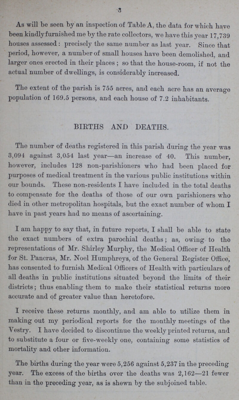 3 As will be seen by an inspection of Table A, the data for which have been kindly furnished me by the rate collectors, we have this year 17,739 houses assessed : precisely the same number as last year. Since that period, however, a number of small houses have been demolished, and larger ones erected in their places ; so that the house-room, if not the actual number of dwellings, is considerably increased. The extent of the parish is 755 acres, and each acre has an average population of 169.5 persons, and each house of 7.2 inhabitants. BIRTHS AND DEATHS. The number of deaths registered in this parish during the year was 3,094 against 3,054 last year—an increase of 40. This number, however, includes 128 non-parishioners who had been placed for purposes of medical treatment in the various public institutions within our bounds. These non-residents I have included in the total deaths to compensate for the deaths of those of our own parishioners who died in other metropolitan hospitals, but the exact number of whom I have in past years had no means of ascertaining. I am happy to say that, in future reports, I shall be able to state the exact numbers of extra parochial deaths; as, owing to the representations of Mr. Shirley Murphy, the Medical Officer of Health for St. Pancras, Mr. Noel Humphreys, of the General Register Office, has consented to furnish Medical Officers of Health with particulars of all deaths in public institutions situated beyond the limits of their districts; thus enabling them to make their statistical returns more accurate and of greater value than heretofore. I receive these returns monthly, and am able to utilize them in making out my periodical reports for the monthly meetings of the Vestry. I have decided to discontinue the weekly printed returns, and to substitute a four or five-weekly one, containing some statistics of mortality and other information. The births during the year were 5,256 against 5,237 in the preceding year. The excess of the births over the deaths was 2,162—21 fewer than in the preceding year, as is shewn by the subjoined table.