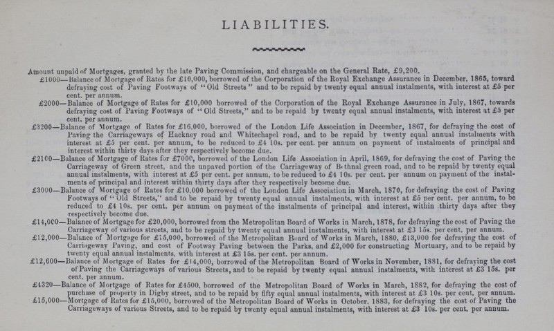 LIABILITIES. Amount unpaid of Mortgages, granted by the late Paving Commission, and chargeable on the General Rate, £9,200. £1000—Balance of Mortgage of Rates for £ 10,000, borrowed of the Corporation of the Royal Exchange Assurance in December, 1865, toward defraying cost of Paving Footways of Old Streets and to be repaid by twenty equal annual instalments, with interest at £5 per cent. per annum. £2000—Balance of Mortgage of Rates for £10,000 borrowed of the Corporation of the Royal Exchange Assurance in July, 1867, towards defraying cost of Paving Footways of Old Streets, and to be repaid by twenty equal annual instalments, with interest at £5 per cent. per annum. £3200—Balance of Mortgage of Rates for £16,000, borrowed of the London Life Association in December, 1867, for defraying the cost of Paving the Carriageways of Hackney road and Whitechapel road, and to be repaid by twenty equal annual instalments with interest at £5 per cent. per annum, to be reduced to £4 10s. per cent. per annum on payment of instalments of principal and interest within thirty days after they respectively become due. £2100—Balance of Mortgage of Rates for £7000, borrowed of the London Life Association in April, 1869, for defraying the cost of Paving the Carriageway of Green street, and the unpaved portion of the Carriageway of Bethnal green road, and to be repaid by twenty equal annual instalments, with interest at £5 per cent. per annum, to be reduced to £4 10s. per cent. per annum on payment of the instal ments of principal and interest within thirty days after they respectively become due. £3000—Balance of Mortgage of Rates for £10,000 borrowed of the London Life Association in March, 1870, for defraying the cost of Paving Footways of Old Streets,'' and to be repaid by twenty equal annual instalments, with interest at £5 per cent. per annum, to be reduced to £4 10s. per cent. per annum on payment of the instalments of principal and interest, within thirty days after they respectively become due. £14,000—Balanceof Mortgage for £20,000, borrowed from the Metropolitan Board of Works in March, 1878, for defraying the cost of Paving the Carriageway of various streets, and to be repaid by twenty equal annual instalments, with interest at £3 15s. percent. per annum. £12,000—Balance of Mortgage for £15,000, borrowed of the Metropolitan Beard of Works in March, 1880, £13,000 for defraying the cost of Carriageway Paving, and cost of Footway Paving between the Parks, and £2,000 for constructing Mortuary, and to be repaid by twenty equal annual instalments, with interest at £3 15s. per cent. per annum. £12,600—Balance of Mortgage of Rates for £14,000, borrowed of the Metropolitan Board of Works in November, 1881, for defraying tbe cost of Paving the Carriageways of various Streets, and to be repaid by twenty equal annual instalments, with interest at £3 15s. per cent. per annum. £4320—Balance of Mortgage of Rates for £4500, borrowed of the Metropolitan Board of Works in March, 1882, for defraying the cost of purchase of property in Digby street, and to be repaid by fifty equal annual instalments, with interest at £3 10s. per cent. per annum. £15,000—Mortgage of Rates for £15,000, borrowed of tho Metropolitan Board of Works in October, 1883, for defraying the cost of Paving the Carriageways of various Streets, and to be repaid by twenty equal annual instalments, with interest at £3 10s. per cent. per annum.