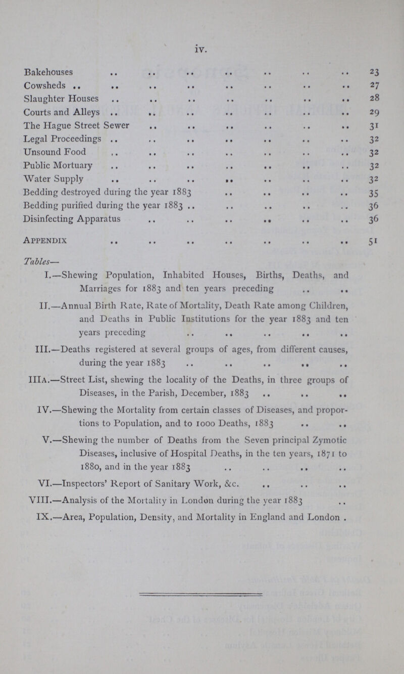 iv. Bakehouses 23 Cowsheds 27 Slaughter Houses 28 Courts and Alleys 29 The Hague Street Sewer 31 Legal Proceedings 32 Unsound Food 32 Public Mortuary 32 Water Supply 32 Bedding destroyed during the year 1883 35 Bedding purified during the year 1883 36 Disinfecting Apparatus 36 Appendix 51 Tables— I.—Shewing Population, Inhabited Houses, Births, Deaths, and Marriages for 1883 and ten years preceding II.—Annual Birth Kate, Rate of Mortality, Death Rate among Children, and Deaths in Public Institutions for the year 1883 and ten years preceding III.—Deaths registered at several groups of ages, from different causes, during the year 1883 IIIa.—Street List, shewing the locality of the Deaths, in three groups of Diseases, in the Parish, December, 1883 IV.—Shewing the Mortality from certain classes of Diseases, and propor tions to Population, and to 1000 Deaths, 1883 V.—Shewing the number of Deaths from the Seven principal Zymotic Diseases, inclusive of Hospital Deaths, in the ten years, 1871 to 1880, and in the year 1883 VI.—Inspectors' Report of Sanitary Work, &c. VIII.—Analysis of the Mortality in London during the year 1883 IX.—Area, Population, Density, and Mortality in England and London .
