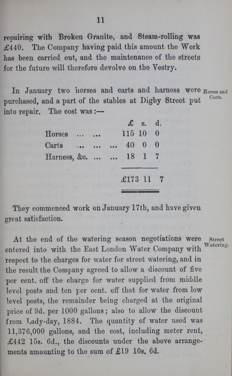 11 repairing with Broken Granite, and Steam-rolling was £440. The Company haying paid this amount the Work has been carried out, and the maintenance of the streets for the future will therefore devolve on the Vestry. In January two horses and carts and harness were purchased, and a part of the stables at Digby Street put into repair. The cost was :— £ s. d. Horses 115 10 0 Carts 40 0 0 Harness, &c 18 1 7 £173 11 7 Horses and Carts. They commenced work on January 17th, and have given great satisfaction. At the end of the watering season negotiations were entered into with the East London Water Company with respect to the charges for water for street watering, and in the result the Company agreed to allow a discount of five per cent, off the charge for water supplied from middle level posts and ten per cent, off that for water from low level posts, the remainder being charged at the original price of 9d. per 1000 gallons; also to allow the discount from Lady-day, 1884. The quantity of water used was 11,376,000 gallons, and the cost, including meter rent, £442 15s. 6d., the discounts under the above arrange ments amounting to the sum of £19 10s. 6d. Street Watering.