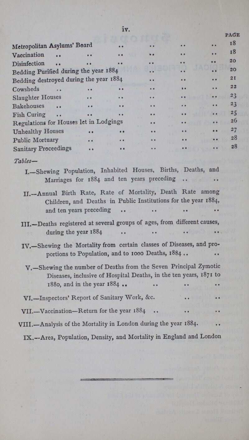 iv. PAGE Metropolitan Asylums' Board 18 Vaccination 18 Disinfection 20 Bedding Purified during the year 1884 20 Bedding destroyed during the year 1884 21 Cowsheds 22 Slaughter Houses 23 Bakehouses 23 Fish Curing 25 Regulations for Houses let in Lodgings 26 Unhealthy Houses 27 Public Mortuary 28 Sanitary Proceedings 28 Tables— I . Shewing Population, Inhabited Houses, Births, Deaths, and Marriages for 1884 and ten years preceding II.—Annual Birth Rate, Rate of Mortality, Death Rate among Children, and Deaths in Public Institutions for the year 1884, and ten years preceding III.—Deaths registered at several groups of ages, from different causes, during the year 1884 —Shewing the Mortality from certain classes of Diseases, and pro portions to Population, and to 1000 Deaths, 1884 V,—Shewing the number of Deaths from the Seven Principal Zymotic Diseases, inclusive of Hospital Deaths, in the ten years, 1871 to 1880, and in the year 1884 VI.—Inspectors' Report of Sanitary Work, &c. VII.—Vaccination—Return for the year 1884 VIII.—Analysis of the Mortality in London during the year 1884. IX.—Area, Population, Density, and Mortality in England and London