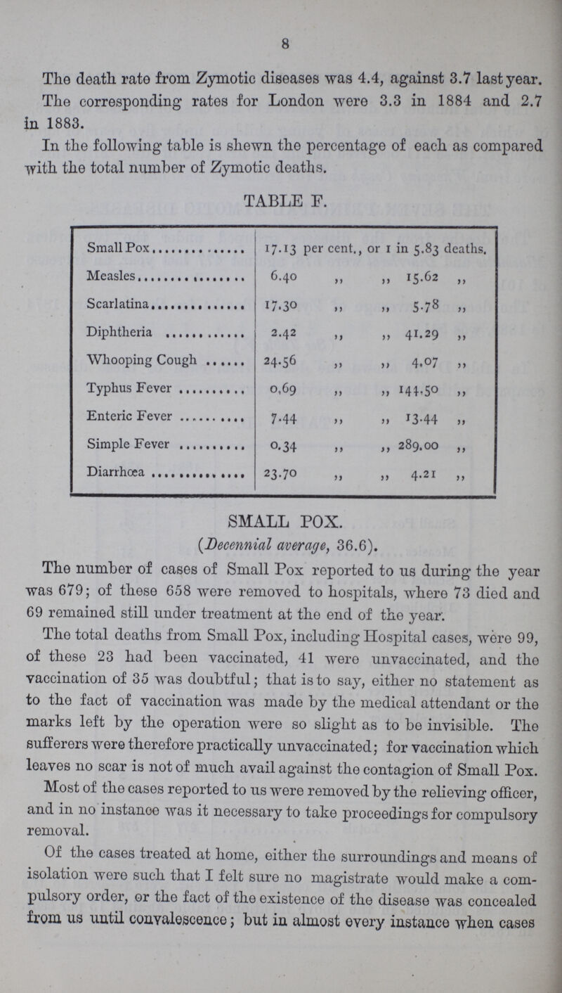 8 The death rate from Zymotic diseases was 4.4, against 3.7 last year. The corresponding rates for London were 3.3 in 1884 and 2.7 in 1883. In the following table is shewn the percentage of each as compared with the total number of Zymotic deaths. TABLE F. Small Pox 17.13 per cent., or 1 in 5.83 deaths. Measles 6.40   15.62 Scarlatina 17.30 5.78 Diphtheria 2.42  41.29  Whooping Cough 24.56 4.07  Typhus Fever 0,69 14.50 Enteric Fever 7.44  3.44 „ Simple Fever 0.34 289.OO ,, Diarrhoea 23.70 „ 4.21 „ SMALL POX. (Decennial average, 36.6). The number of cases of Small Pox reported to us during the year was 679; of these 658 were removed to hospitals, where 73 died and 69 remained still under treatment at the end of the year. The total deaths from Small Pox, including Hospital cases, were 99, of these 23 had been vaccinated, 41 were unvaccinated, and the vaccination of 35 was doubtful; that is to say, either no statement as to the fact of vaccination was made by the medical attendant or the marks left by the operation were so slight as to be invisible. The sufferers were therefore practically unvaccinated; for vaccination which leaves no scar is not of much avail against the contagion of Small Pox. Most of the cases reported to us were removed by the relieving officer, and in no instance was it necessary to take proceedings for compulsory removal. Of the cases treated at home, either the surroundings and means of isolation were such that I felt sure no magistrate would make a com pulsory order, or the fact of the existence of the disease was concealed from us until convalescence; but in almost every instance when cases
