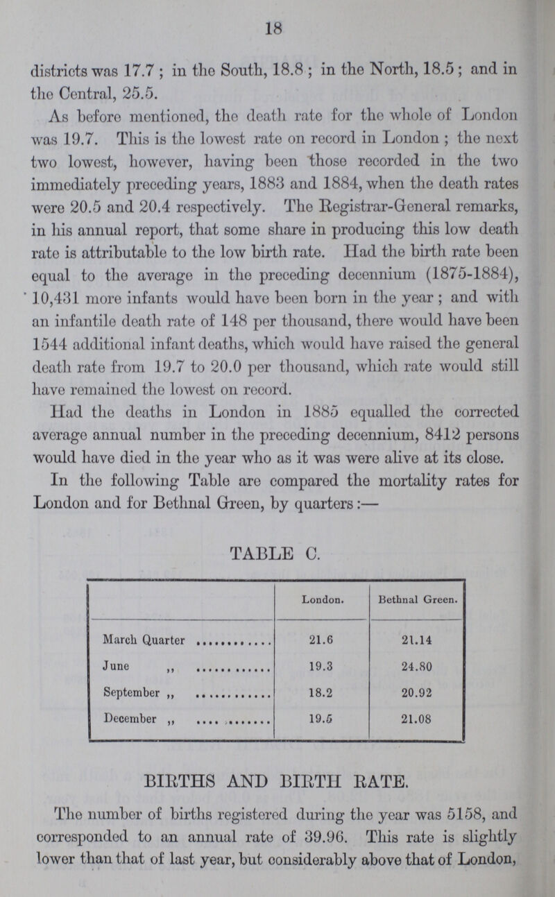 18 districts was 17.7; in the South, 18.8 ; in the North, 18.5; and in the Central, 25.5. As before mentioned, the death rate for the whole of London was 19.7. This is the lowest rate on record in London ; the next two lowest, however, having been those recorded in the two immediately preceding years, 1883 and 1884, when the death rates were 20.5 and 20.4 respectively. The Registrar-General remarks, in his annual report, that some share in producing this low death rate is attributable to the low birth rate. Had the birth rate been equal to the average in the preceding decennium (1875-1884), 10,431 more infants would have been born in the year ; and with an infantile death rate of 148 per thousand, there would have been 1544 additional infant deaths, which would have raised the general death rate from 19.7 to 20.0 per thousand, which rate would still have remained the lowest on record. Had the deaths in London in 1885 equalled the corrected average annual number in the preceding decennium, 8412 persons would have died in the year who as it was were alive at its close. In the following Table aro compared the mortality rates for London and for Bethmal Green, by quarters:— TABLE C. London. Bethnal Green. March Quater 21.6 21.14 June ,, 19.3 24.80 September „ 18.2 20.92 December „ 19.5 21.08 BIRTHS AND BIRTH RATE. The number of births registered during the year was 5158, and corresponded to an annual rate of 39.96. This rate is slightly lowor than that of last year, but considerably above that of London,