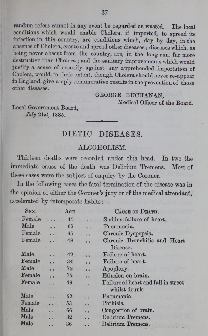 37 randum refers cannot in any event bo regarded as wasted. The local conditions which would enable Cholera, if imported, to spread its infection in this country, are conditions which, day by day, in the absence of Cholera, create and spread other diseases; diseases which, as being never absent from the country, are, in the long run, far more destructive than Cholera ; and the sanitary improvements which would justify a sense of security against any apprehended importation of Cholera, would, to their extent, though Cholera should never re-appear in England, give amply remunerative results in the prevention of those other diseases. GEORGE BUCHANAN, Medical Officer of the Board. Local Government Board, July 21st, 1885. DIETIC DISEASES. ALCOHOLISM. Thirteen deaths were recorded under this head. In two the immediate cause of the death was Delirium Tremens. Most of these cases were the subject of enquiry by the Coroner. In the following cases the fatal termination of the disease was in the opinion of either the Coroner's jury or of the medical attendant, accelerated by intemperate habits:— Sex. Age. Cause of Death. Female 45 Sudden failure of heart. Male 67 Pneumonia. Female 65 Chronic Dyspepsia. Female 48 Chronic Bronchitis and Heart Disease. Male 42 Failure of heart. Female 34 Failure of heart. Male 75 Apoplexy. Female 75 Effusion on brain. Female 49 Failure of heart and fall in street whilst drunk. Male 52 Pneumonia. Female 53 Phthisis. Male 66 Congestion of brain. Male 32 Delirium Tremens. Male 36 Delirium Tremens.