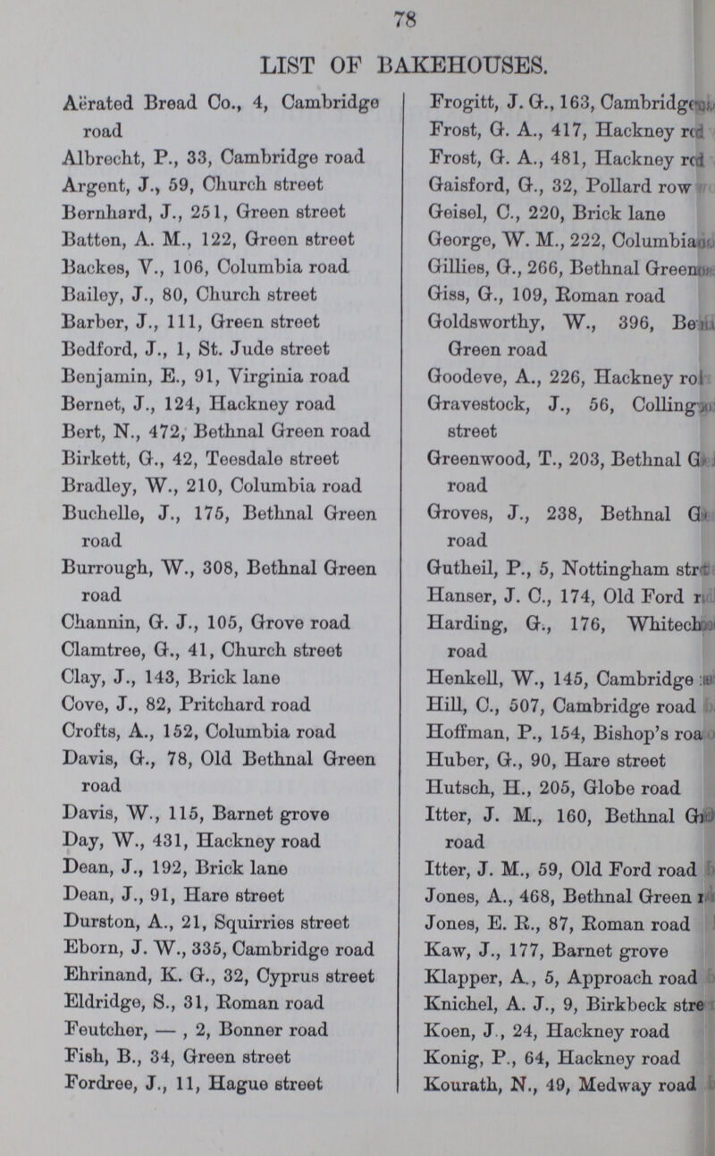 78 LIST OF BAKEHOUSES. Aerated Bread Co., 4, Cambridge road Albrecht, P., 33, Cambridge road Argent, J., 59, Church street Bernhard, J., 251, Green street Batten, A. M., 122, Green street Backes, V., 106, Columbia road Bailey, J., 80, Church street Barber, J., 111, Green street Bedford, J., 1, St. Jude street Benjamin, E., 91, Virginia road Bernet, J., 124, Hackney road Bert, N., 472, Bethnal Green road Birkett, G., 42, Teesdale street Bradley, W., 210, Columbia road Buchelle, J., 175, Bethnal Green road Burrough, W., 308, Bethnal Green road Channin, G. J., 105, Grove road Clamtree, G., 41, Church street Clay, J., 143, Brick lane Cove, J., 82, Pritchard road Crofts, A., 152, Columbia road Davis, G., 78, Old Bethnal Green road Davis, W., 115, Barnet grove Day, W., 431, Hackney road Dean, J., 192, Brick lane Dean, J., 91, Hare street Durston, A., 21, Squirries street Eborn, J. W., 335, Cambridge road Ehrinand, K. G., 32, Cyprus street Eldridge, S., 31, Roman road Feutcher, — , 2, Bonner road Fish, B., 34, Green street Fordree, J., 11, Hague street Frogitt, J. G., 163, Cambridg??? Frost, G. A., 417, Hackney r??? Frost, G. A., 481, Hackney red??? Gaisford, G., 32, Pollard row??? Geisel, C., 220, Brick lane George, W. M., 222, Columbian??? Gillies, G., 266, Bethnal Green??? Giss, G., 109, Roman road Goldsworthy, W., 396, Bern??? Green road Goodeve, A., 226, Hackney r??? Gravestock, J., 56, Colling,??? street Greenwood, T., 203, Bethnal G??? road Groves, J., 238, Bethnal G??? road Gutheil, P., 5, Nottingham str??? Hanser, J. C., 174, Old Ford ??? Harding, G., 176, Whitec??? road Henkell, W., 145, Cambridge ??? Hill, C., 507, Cambridge road Hoffman, P., 154, Bishop's roav Huber, G., 90, Hare street Hutsch, H., 205, Globe road Itter, J. M., 160, Bethnal G??? road Itter, J. M., 59, Old Ford road Jones, A., 468, Bethnal Green ??? Jones, E. R., 87, Roman road Kaw, J., 177, Barnet grove Klapper, A, 5, Approach road Knichel, A. J., 9, Birkbeck stre??? Koen, J., 24, Hackney road Konig, P., 64, Hackney road Kourath, N., 49, Medway road