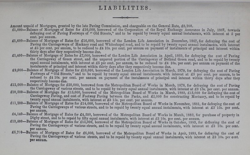 LIABILITIES. Amount unpaid of Mortgages, granted by the late Paving Commission, and chargeable on the General Rate, £8,200. £1,000—Balance of Mortgage of Rates for £10,000, borrowed of the Corporation of the Royal Exchange Assurance in July, 1867, towards defraying cost of Paving Footways of Old Streets, and to be repaid by twenty equal annual instalments, with interest at 5 per cent. per annum. £1,600—Balance of Mortgage of Rates for £16,000, borrowed of the London Life Association in December, 1867, for defraying the cost of Paving the Carriageways of Hackney road and Whitechapel road, and to be repaid by twenty equal annual instalments, with interest at £5 per cent. per annum, to be reduced to £4 10s. per cent. per annum on payment of instalments of principal and interest within thirty days after they respectively become due. £1,400—Balance of Mortgage of Rates for £7,000, borrowed of the London Life Association in April, 1869, for defraying the cost of Paving the Carriageway of Green street, and the unpaved portion of the Carriageway of Bethnal Green road, and to be repaid by twenty equal annual instalments, with interest at £5 per cent. per annum, to be reduced to £4 10s. per cent. per annum on payment of the instalments of principal and interest within thirty days after they respectively become due. £2,000—Balance of Mortgage of Rates for £10,000, borrowed of the London Life Association in March, 1870, for defraying the cost of Paving Footways of Old Streets, and to be repaid by twenty equal annual instalments, with interest at £5 per cent. per annum, to be reduced to £4 10s. per cent. per annum on payment of the instalments of principal and interest within thirty days after they respectively become due. £12,000—Balance of Mortgage for £20,000, borrowed from the Metropolitan Board of Works in March, 1878, for defraying the cost of Paving the Carriageway of various streets, and to be repaid by twenty equal annual instalments, with interest at £3 15s. per cent. per annum. £10,500—Balance of Mortgage for £15,000, borrowed of the Metropolitan Board of Works in March, 1880, £13,000 for defraying the cost of Carriageway Paving, and cost of Footway Paving between the Parks, and £2,000 for constructing Mortuary, and to be repaid by twenty equal annual instalments, with interest at £3 15s. per cent. per annum. £11,200—Balance of Mortgage of Rates for £14,000, borrowed of the Metropolitan Board of Works in November, 1881, for defraying the cost of Paving the Carriageways of various streets, and to be repaid by twenty equal annual instalments, with interest at £3 15s. per cent. per annum. £4,140—Balance of Mortgage of Rates for £4,500, borrowed of the Metropolitan Board of Works in March, 1882, for purchase of property in Digby street, and to be repaid by fifty equal annual instalments, with interest at £3 10s. per cent. per annum. £13,500—Balance of Mortgage of Rates for £15,000, borrowed of the Metropolitan Board of Works in October, 1883, for defraying the cost of Paving the Carriageways of various streets, and to be repaid by twenty equal annual instalments, with interest at £3 10s. per cent. per annum. £5,7(0—Balance of Mortgage of Rates for £6,000, borrowed of the Metropolitan Board of Works in April, 1885, for defraying the cost of Paving the Carriageways of various streets, and to be repaid by twenty equal annual instalments, with interest at £3 10s. per cent per annum.