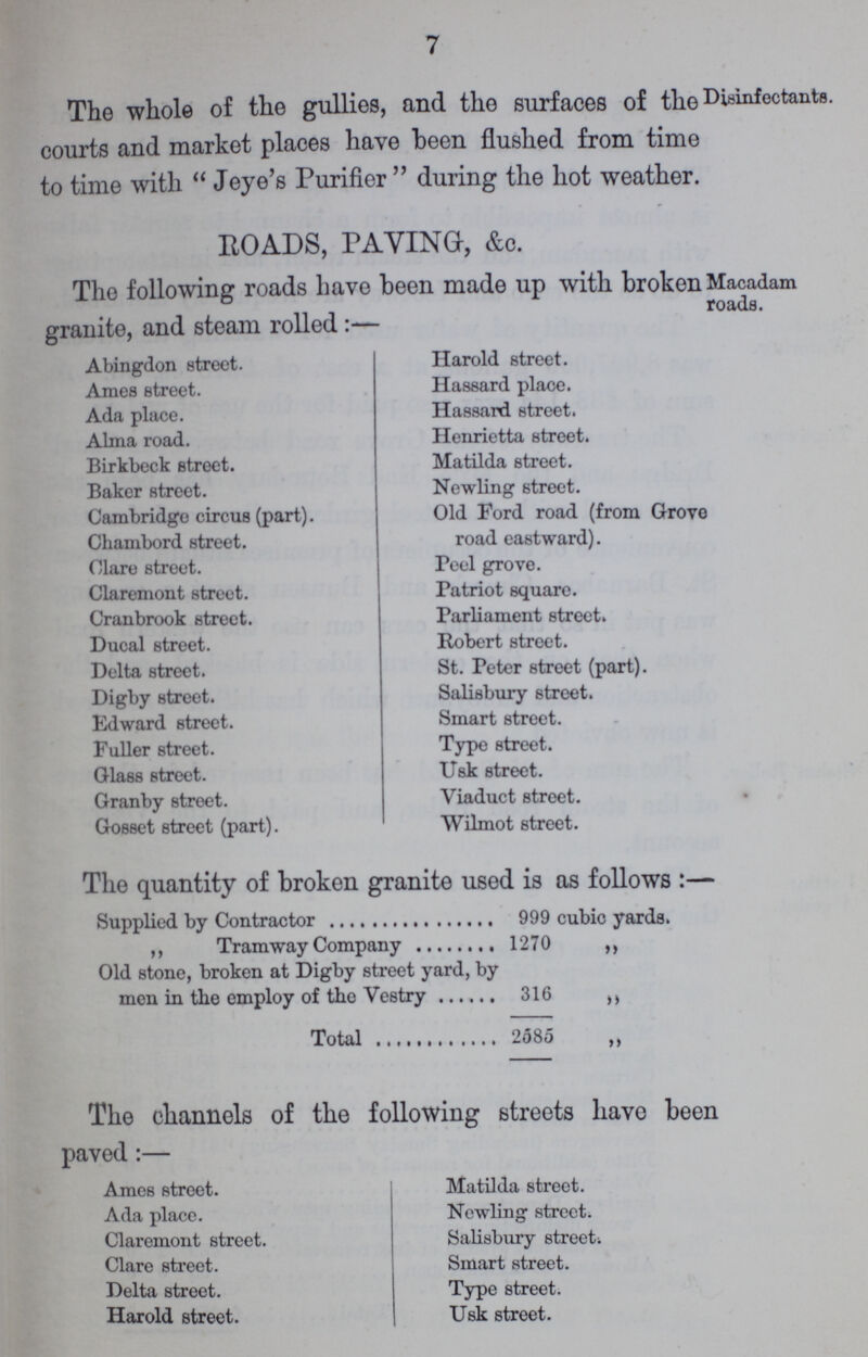 7 The whole of the gullies, and the surfaces of the Disinfectant courts and market places have been flushed from time to time with  Jeye's Purifier  during the hot weather. ROADS, PAYING, &c. The following roads have been made up with broken Macadam roads. granite, and steam rolled:- Abingdon street. Ames street. Ada place. Alma road. Birkbeck street. Baker street. Cambridge circus (part). Chambord street. Clare street. Claremont street. Cranbrook street. Ducal street. Delta street. Digby street. Edward street. Fuller street. Glass street. Granby street. GoBset street (part). Harold street. Hassard place. Hassard street. Henrietta street. Matilda street. Newling street. Old Ford road (from Grove road eastward). Peel grove. Patriot square. Parliament street. Robert street. St. Peter street (part). Salisbury street. Smart street. Type street. Usk street. Viaduct street. Wilmot street. The quantity of broken granite used is as follows:- Supplied by Contractor 999 cubic yards. ,, Tramway Company 1270 ,, Old stone, broken at Digby street yard, by men in the employ of the Vestry 316 ,, Total 2985 ,, The channels of the following streets have been paved:— Ames Btreet. Ada place. Claremont street. Clare street. Delta street. Harold street. Matilda street. Newling street. Salisbury street Smart street. Type street. Usk street.