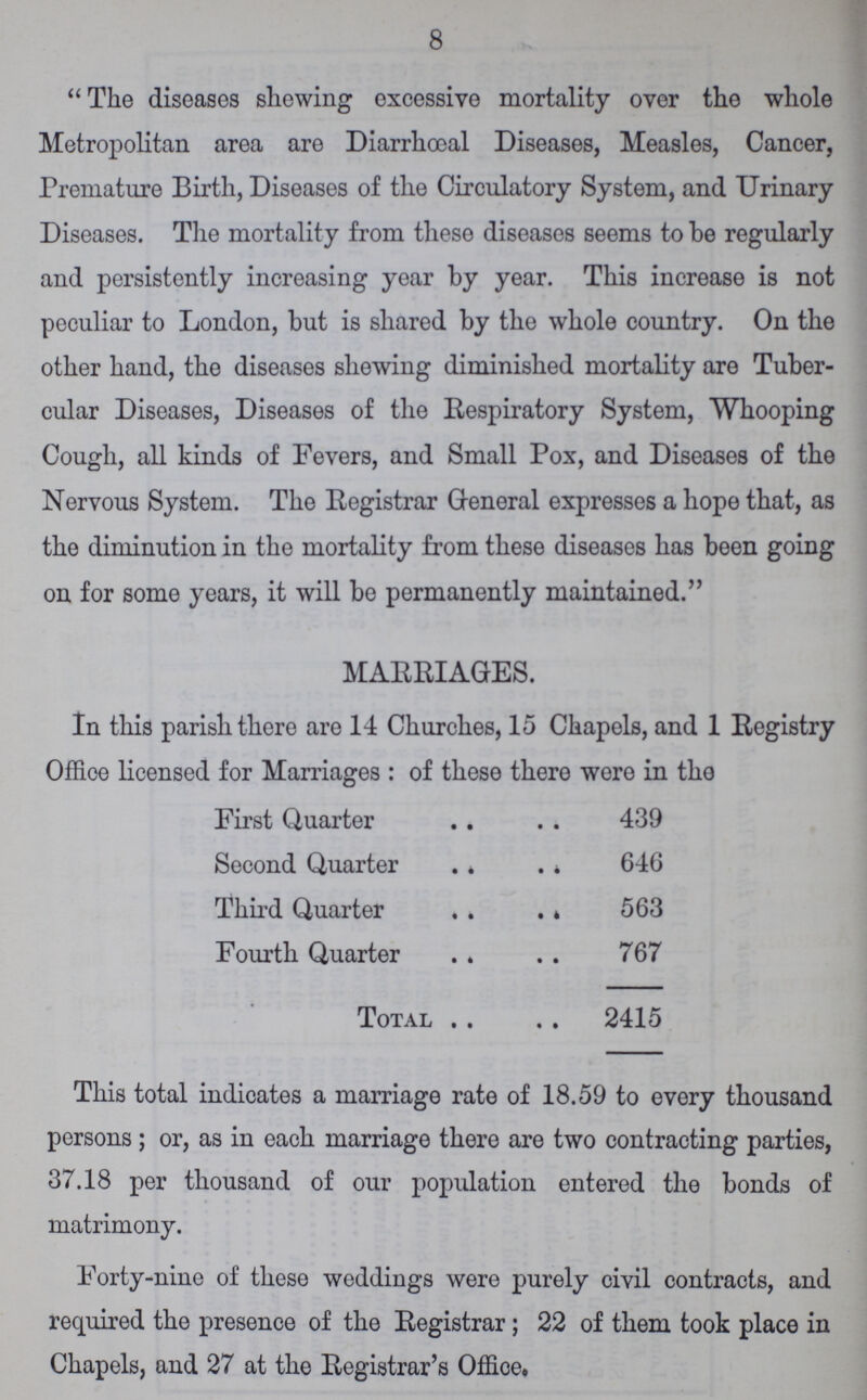 8 The diseases shewing excessive mortality over the whole Metropolitan area are Diarrhœal Diseases, Measles, Cancer, Premature Birth, Diseases of the Circulatory System, and Urinary Diseases. The mortality from these diseases seems to be regularly and persistently increasing year by year. This increase is not peculiar to London, but is shared by the whole country. On the other hand, the diseases shewing diminished mortality are Tuber cular Diseases, Diseases of the Respiratory System, Whooping Cough, all kinds of Fevers, and Small Pox, and Diseases of the Nervous System. The Registrar General expresses a hope that, as the diminution in the mortality from these diseases has been going on for some years, it will be permanently maintained. MARRIAGES. In this parish there are 14 Churches, 15 Chapels, and 1 Registry Office licensed for Marriages: of these there wore in the First Quarter 439 Second Quarter 646 Third Quarter 563 Fourth Quarter 767 Total 2415 This total indicates a marriage rate of 18.59 to every thousand persons; or, as in each marriage there are two contracting parties, 37.18 per thousand of our population entered the bonds of matrimony. Forty-nine of these weddings were purely civil contracts, and required the presence of the Registrar; 22 of them took place in Chapels, and 27 at the Registrar's Office.