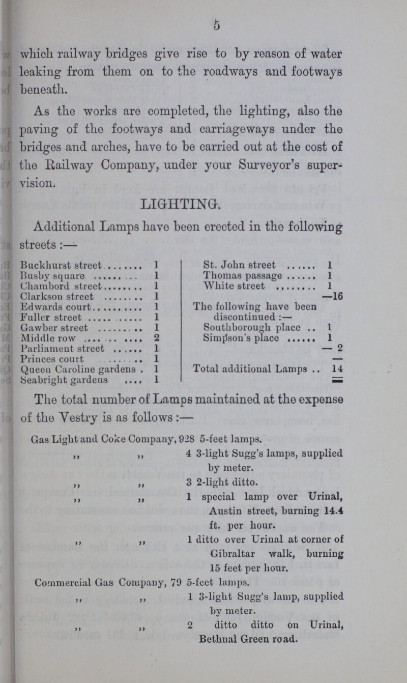 6 which railway bridges give rise to by reason of water leaking from them on to the roadways and footways beneath. As the works are completed, the lighting, also the paving of the footways and carriageways under the bridges and arches, have to be carried out at the cost of the Railway Company, under your Surveyor's super vision. LIGHTING. Additional Lamps have been erected in the following streets:— Buckhurst street 1 St. John street 1 Busby square 1 Thomas passage 1 Chambord street 1 White street 1 Clarkson street 1 16 Edwards court 1 The following have been discontinued:— Fuller street 1 Gawber street 1 Southborough place 1 Middle row Simpson's place 1 Parliament street 1 2 Princes court 1 Queen Caroline gardens 1 Total additional Lamps 14 Seabright gardens 1 The total number of Lamps maintained at the expense of the Vestry is as follows:— Gas Light and Coke Company, 928 5-feet lamps. ,, ,, 4 3-light Sugg's lamps, supplied by meter. ,, ,, 3 2-light ditto. ,, „ 1 special lamp over Urinal, Austin street, burning 14.4 ft. per hour. ,, ,, 1 ditto over Urinal at corner of Gibraltar walk, burning 15 feet per hour. Commercial Gas Company, 79 5-feet lamps. ,, ,, 1 3-light Sugg's lamp, supplied by meter. „ ,, 2 ditto ditto on Urinal, Bethnal Green road.
