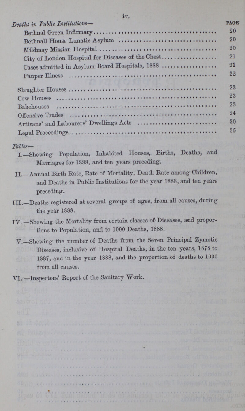 iv. Deaths in Public Institutions— page Bethnal Green Infirmary 20 Bethnall House Lunatic Asylum 20 Mildmay Mission Hospital 20 City of London Hospital for Diseases of the Chest 21 Cases admitted in Asylum Board Hospitals, 1888 21 Pauper Illness 22 Slaughter Houses 23 Cow Houses 23 Bakehouses 23 Offensive Trades 24 Artizans' and Labourers' Dwellings Acts 30 Legal Proceedings 35 Tables— I.—Shewing Population, Inhabited Houses, Births, Deaths, and Marriages for 1888, and ten years preceding. II.—Annual Birth Rate, Rate of Mortality, Death Rate among Children, and Deaths in Public Institutions for the year 1888, and ten years preceding. III.—Deaths registered at several groups of ages, from all causes, during the year 1888. IV. —Shewing the Mortality from certain classes of Diseases, and propor¬ tions to Population, and to 1000 Deaths, 1888. V.—Shewing the number of Deaths from the Seven Principal Zymotic Diseases, inclusive of Hospital Deaths, in the ten years, 1878 to 1887, and in the year 1888, and the proportion of deaths to 1000 from all causes. VI. —Inspectors' Report of the Sanitary Work.