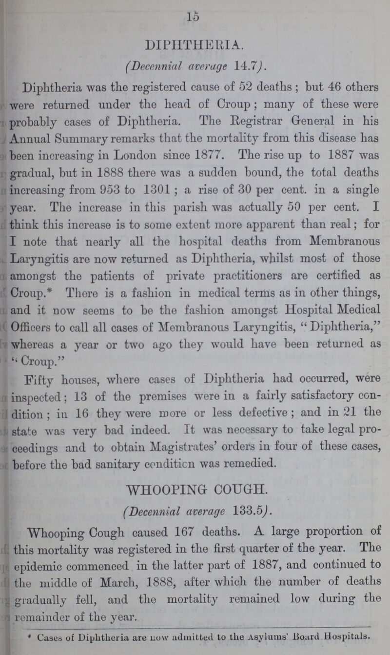 15 DIPHTHERIA. (Decennial average 14.7). Diphtheria was the registered cause of 52 deaths; but 46 others were returned under the head of Croup; many of these were probably cases of Diphtheria. The Registrar General in his Annual Summary remarks that the mortality from this disease has been increasing in London since 1877. The rise up to 1887 was gradual, but in 1888 there was a sudden bound, the total deaths increasing from 953 to 1301; a rise of 30 per cent, in a single year. The increase in this parish was actually 50 per cent. I think this increase is to some extent more apparent than real; for i note that nearly all the hospital deaths from Membranous Laryngitis are now returned as Diphtheria, whilst most of those amongst the patients of private practitioners are certified as Croup.* There is a fashion in medical terms as in other things, and it now seems to be the fashion amongst Hospital Medical Officers to call all cases of Membranous Laryngitis, Diphtheria,'' whereas a year or two ago they would have been returned as Croup. Fifty houses, where cases of Diphtheria had occurred, were inspected; 13 of the premises were in a fairly satisfactory con dition; in 16 they were more or less defective ; and in 21 the state was very bad indeed. It was necessary to take legal pro ceedings and to obtain Magistrates' orders in four of these cases, before the bad sanitary conditicn was remedied. WHOOPING COUGH. (Decennial average 133.5,). Whooping Cough caused 167 deaths. A large proportion of this mortality was registered in the first quarter of the year. The epidemic commenced in the latter part of 1887, and continued to the middle of March, 1888, after which the number of deaths gradually fell, and the mortality remained low during the remainder of the year. * Cases of Diphtheria are now admitted to the Asylums' Board Hospitals.