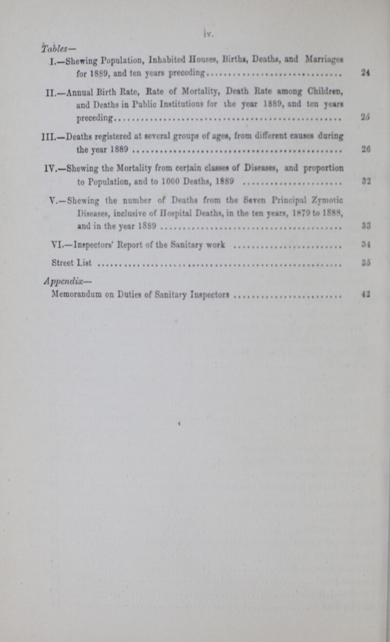 iv. Tables— I.—Shewing Population, Inhabited house, Births, Deaths, and Marriges for 1889, and ten years preceding 24 II.—Annual Birth Rate, Rate of Mortality, Death Rate among Children, and Deaths in Public Institutions for the year 1889, and ten years preceding 25 III.—Deaths registered at several groups of ago, from different causes during the year 1889 26 IV.—Shewing the Mortality from certain classes of Diseases, and proportion to Population, and to 1000 Deaths, 1889 32 V.—Shewing the number of Deaths from the Seven Principal Zymotic Diseases, inclusive of Hospital Deaths, in the ten years, 1879 to 1888, and in the year 1889 33 VI.—Inspectors' Report of the Sanitary work 34 Street List 35 Appendix— Memorandum on Duties of Sanitary Inspectors 42
