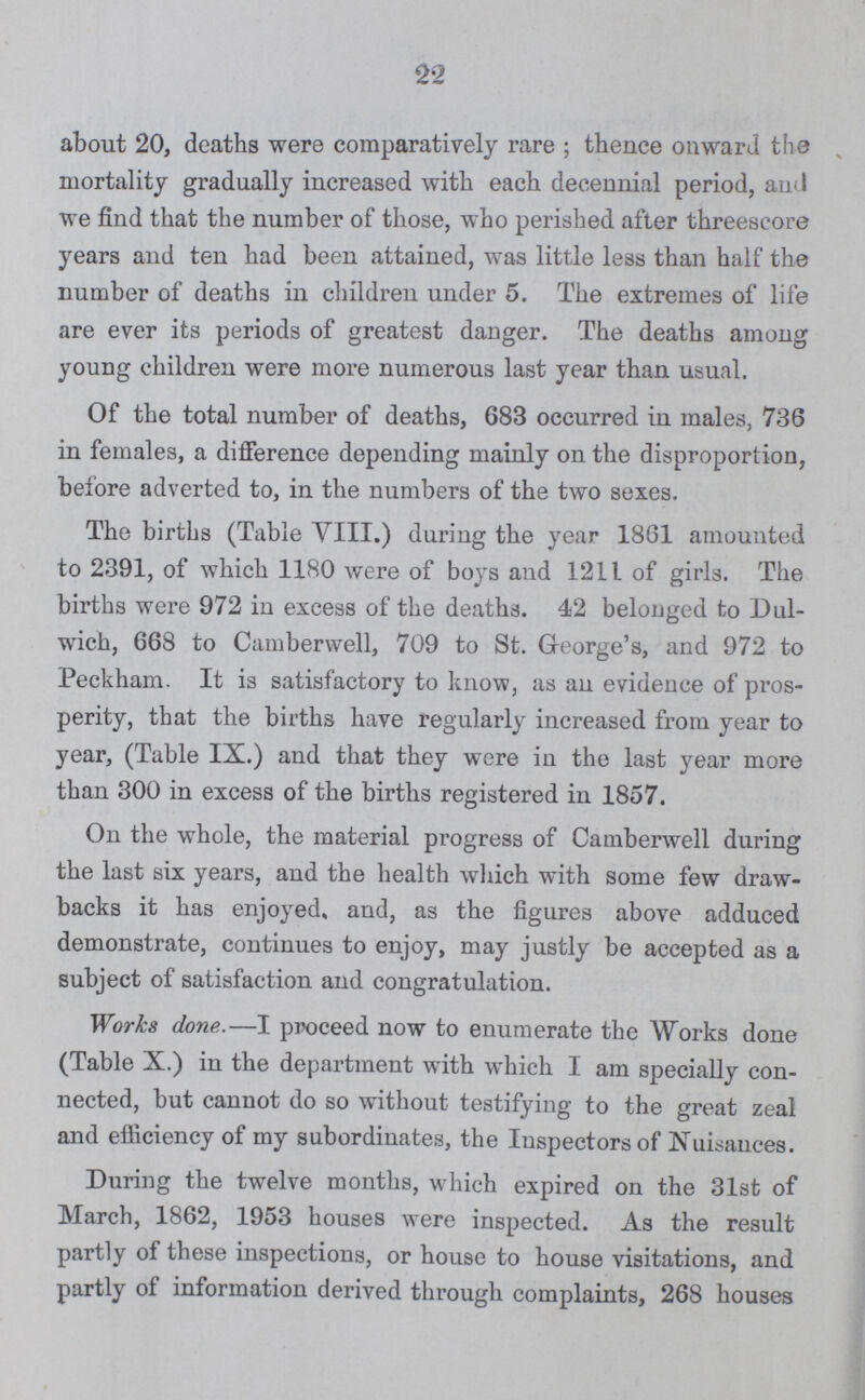 22 about 20, deaths were comparatively rare ; thence onward the mortality gradually increased with each decennial period, and we find that the number of those, who perished after threescore years and ten had been attained, was little less than half the number of deaths in children under 5. The extremes of life are ever its periods of greatest danger. The deaths among young children were more numerous last year than usual. Of the total number of deaths, 683 occurred in males, 736 in females, a difference depending mainly on the disproportion, before adverted to, in the numbers of the two sexes. The births (Table VIII.) during the year 1861 amounted to 2391, of which 1180 were of boys and 1211 of girls. The births were 972 in excess of the deaths. 42 belonged to Dul wich, 668 to Camberwell, 709 to St. G-eorge's, and 972 to Peckham. It is satisfactory to know, as an evidence of pros perity, that the births have regularly increased from year to year, (Table IX.) and that they were in the last year more than 300 in excess of the births registered in 1857. On the whole, the material progress of Camberwell during the last six years, and the health which with some few draw backs it has enjoyed, and, as the figures above adduced demonstrate, continues to enjoy, may justly be accepted as a subject of satisfaction and congratulation. Works done.—I proceed now to enumerate the Works done (Table X.) in the department with which I am specially con nected, but cannot do so without testifying to the great zeal and efficiency of my subordinates, the Inspectors of Nuisances. During the twelve months, which expired on the 31st of March, 1862, 1953 houses were inspected. As the result partly of these inspections, or house to house visitations, and partly of information derived through complaints, 268 houses