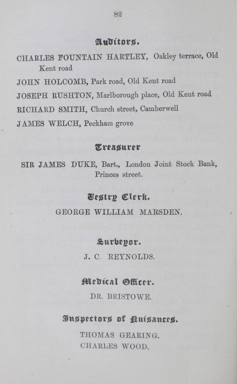 82 Auditors. CHARLES FOUNTAIN HARTLEY, Oakley terrace, Old Kent road JOHN HOLCOMB, Park road, Old Kent road JOSEPH RUSHTON, Marlborough place, Old Kent road RICHARD SMITH, Church street, Camberwell JAMES WELCH, Peckham grove Dreasurer SIR JAMES DUKE, Bart., London Joint Stock Bank, Princes street. Bestrp Clerk. GEOBGE WILLIAM MAHSDEN. Surbepor. J. C. REYNOLDS. medical officer. DR. BRISTOWE. Inspectors of Auisances. THOMAS GEARING. CHARLES WOOD.