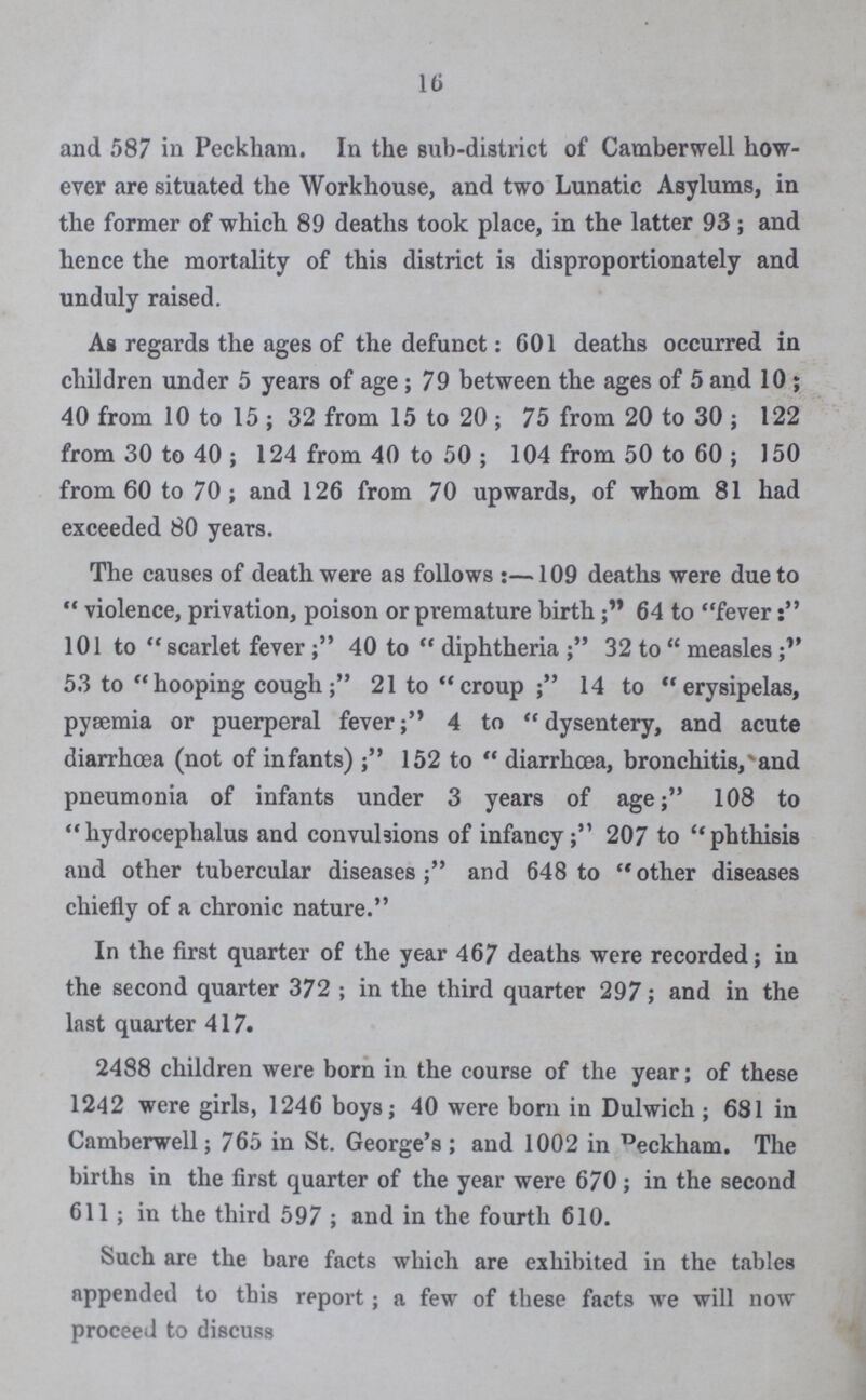 16 and 587 in Peckham. In the sub-district of Camberwell how ever are situated the Workhouse, and two Lunatic Asylums, in the former of which 89 deaths took place, in the latter 93; and hence the mortality of this district is disproportionately and unduly raised. As regards the ages of the defunct: 601 deaths occurred in children under 5 years of age; 79 between the ages of 5 and 10; 40 from 10 to 15; 32 from 15 to 20; 75 from 20 to 30; 122 from 30 to 40; 124 from 40 to 50; 104 from 50 to 60; 150 from 60 to 70; and 126 from 70 upwards, of whom 81 had exceeded 80 years. The causes of death were as follows:—109 deaths were due to violence, privation, poison or premature birth; 64 to fever s 101 to scarlet fever40 to diphtheria; 32 to measles; 53 to hooping cough; 21 to croup; 14 to erysipelas, pyæmia or puerperal fever; 4 to dysentery, and acute diarrhoea (not of infants); 152 to diarrhoea, bronchitis, and pneumonia of infants under 3 years of age; 108 to hydrocephalus and convulsions of infancy; 207 to phthisis and other tubercular diseases; and 648 to other diseases chiefly of a chronic nature. In the first quarter of the year 467 deaths were recorded; in the second quarter 372; in the third quarter 297; and in the last quarter 417. 2488 children were born in the course of the year; of these 1242 were girls, 1246 boys; 40 were born in Dulwich; 681 in Camberwell; 765 in St. George's; and 1002 in Peckham. The births in the first quarter of the year were 670; in the second 611; in the third 597; and in the fourth 610. Such are the bare facts which are exhibited in the tables appended to this report; a few of these facts we will now proceed to discuss