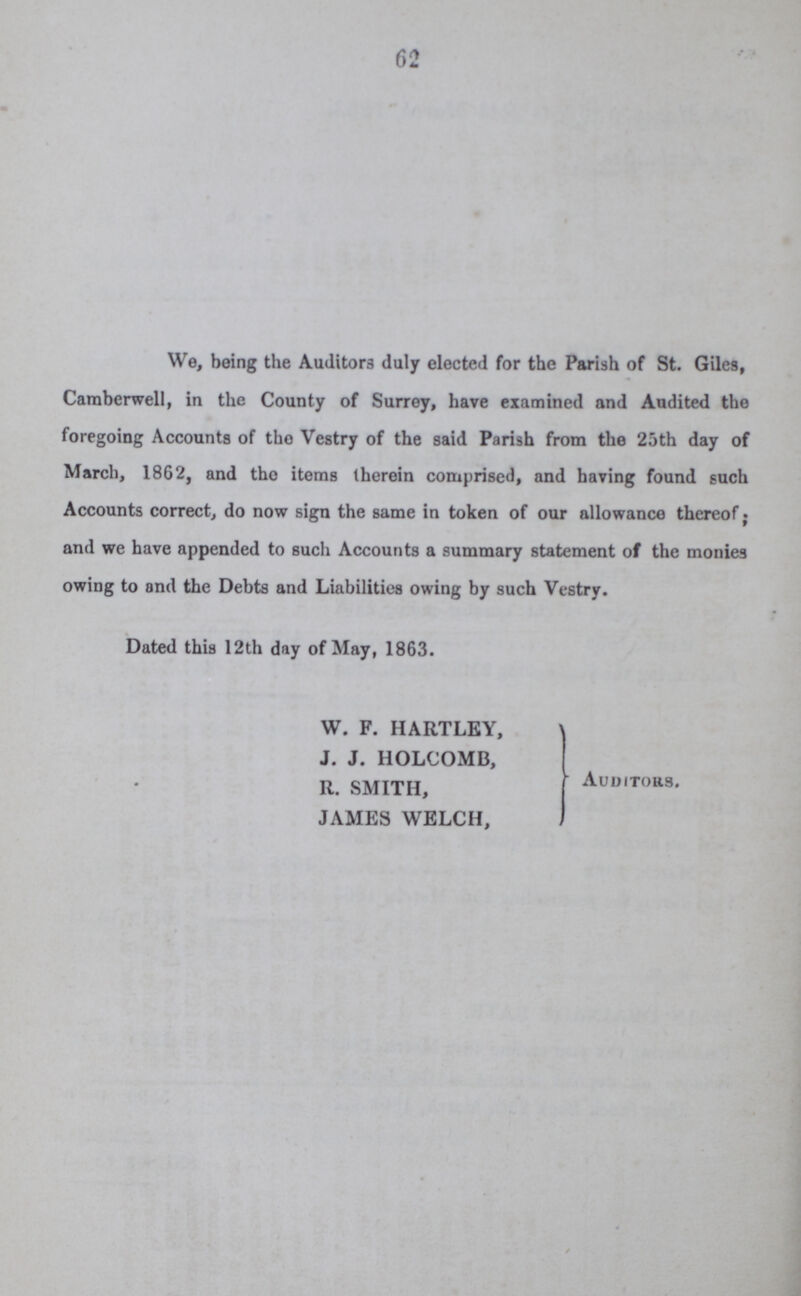62 We, being the Auditors duly elected for the Parish of St. Giles, Camberwell, in the County of Surrey, have examined and Audited the foregoing Accounts of the Vestry of the said Parish from the 25th day of March, 1862, and the items therein comprised, and having found such Accounts correct, do now sign the same in token of our allowance thereof; and we have appended to such Accounts a summary statement of the monies owing to and the Debts and Liabilities owing by such Vestry. Dated this 12th day of May, 1863. W. F. HARTLEY, J. J. HOLCOMB, R. SMITH, JAMES WELCH, AUDITORS.
