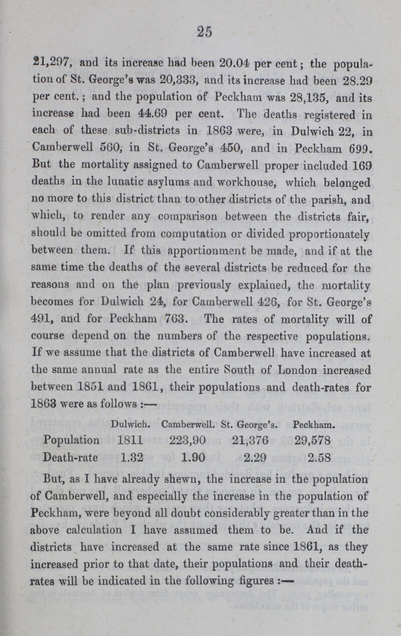 25 21,297, and its increase had been 20.04 per cent; the popula tion of St. George's was 20,333, and its increase had been 28.29 per cent.; and the population of Peckham was 28,135, and its increase had been 44.69 per cent. The deaths registered in each of these sub-districts in 1863 were, in Dulwich 22, in Camberwell 560, in St. George's 450, and in Peckham 699. But the mortality assigned to Camberwell proper included 169 deaths in the lunatic asylums and workhouse, which belonged no more to this district than to other districts of the parish, and which, to render any comparison between the districts fair, should be omitted from computation or divided proportionately between them. If this apportionment be made, and if at the same time the deaths of the several districts be reduced for the reasons and on the plan previously explained, the mortality becomes for Dulwich 24, for Camberwell 426, for St. George's 491, and for Peckham 763. The rates of mortality will of course depend on the numbers of the respective populations. If we assume that the districts of Camberwell have increased at the same annual rate as the entire South of London increased between 1851 and 1861, their populations and death-rates for 1863 were as follows:— Dulwich. Camberwell. St. George's. Peckham. Population 1811 223,90 21,376 29,578 Death-rate 1.32 1.90 2.29 2.58 But, as I have already shewn, the increase in the population of Camberwell, and especially the increase in the population of Peckham, were beyond all doubt considerably greater than in the above calculation I have assumed them to be. And if the districts have increased at the same rate since 1861, as they increased prior to that date, their populations and their death rates will be indicated in the following figures:—