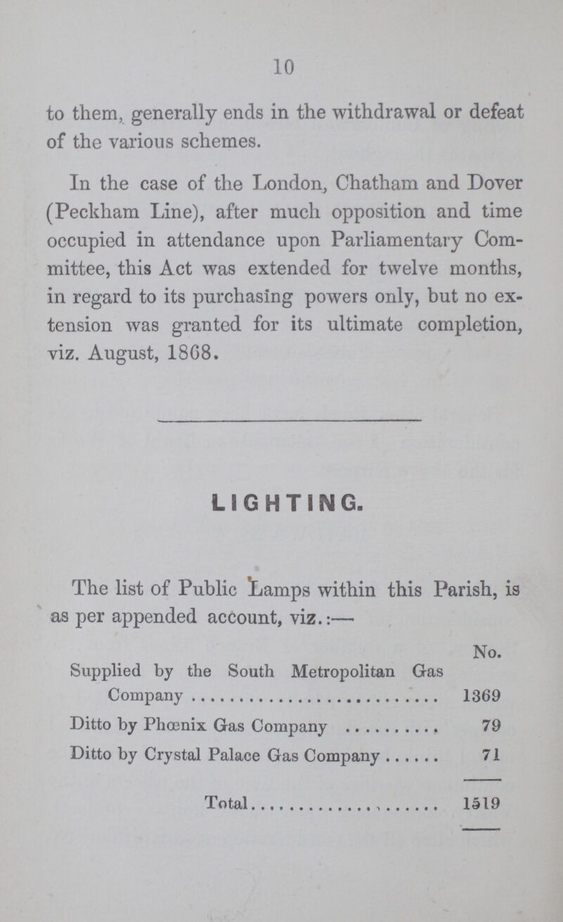 10 to them, generally ends in the withdrawal or defeat of the various schemes. In the case of the London, Chatham and Dover (Peckham Line), after much opposition and time occupied in attendance upon Parliamentary Com mittee, this Act was extended for twelve months, in regard to its purchasing powers only, but no ex tension was granted for its ultimate completion, viz. August, 1868. LIGHTING. The list of Public Lamps within this Parish, is as per appended account, viz.:— No. Supplied by the South Metropolitan Gas Company 1369 Ditto by Phoenix Gas Company 79 Ditto by Crystal Palace Gas Company 71 Total 1519