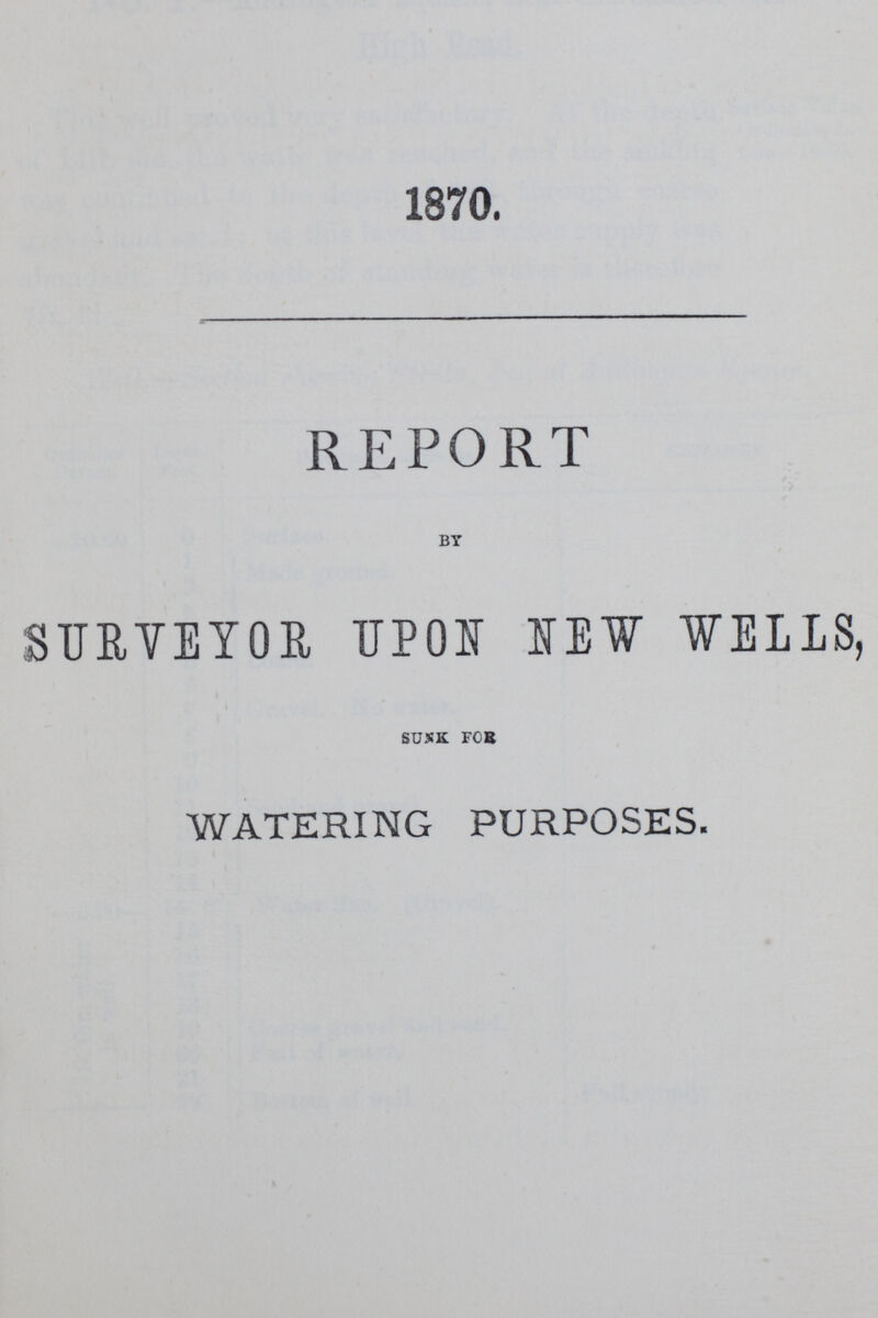 1870. REPORT by SURVEYOR UPON NEW WELLS, sunk for WATERING PURPOSES.