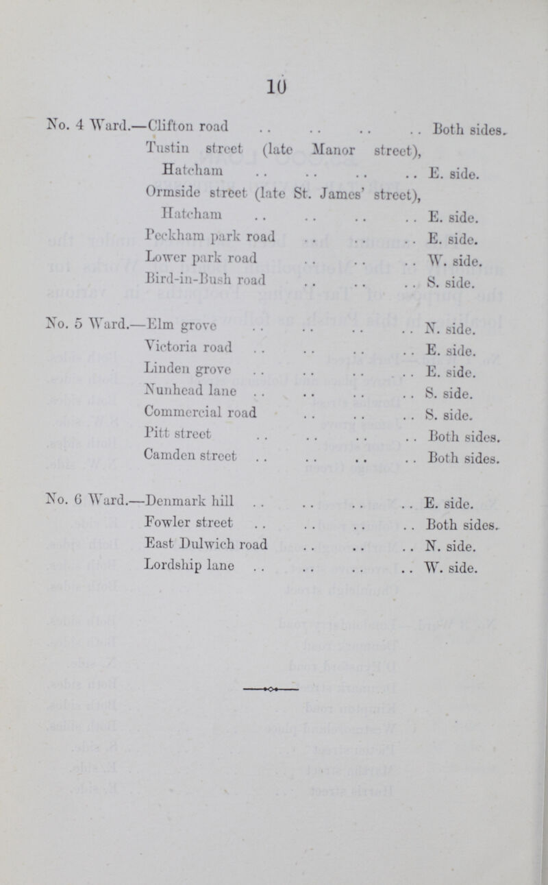 10 No. 4 Ward.—Clifton road Both sides. Tnstin street (late Manor street), Hatcham E. side. Ormside street (late St. James' street), Hatcham E. side. Peckham park road E. side. Lower park road W. side. Bird-in-Bush road S. side. No. 5 Ward.—Elm grove N. side. Victoria road E. side. Linden grove E. side. Nunhead lane S. side. Commercial road S. side. Pitt street Both sides. Camden street Both sides. No. 6 Ward.—Denmark hill E. side. Fowler street Both sides. East Dulwich road N. side. Lordship lane W. side.