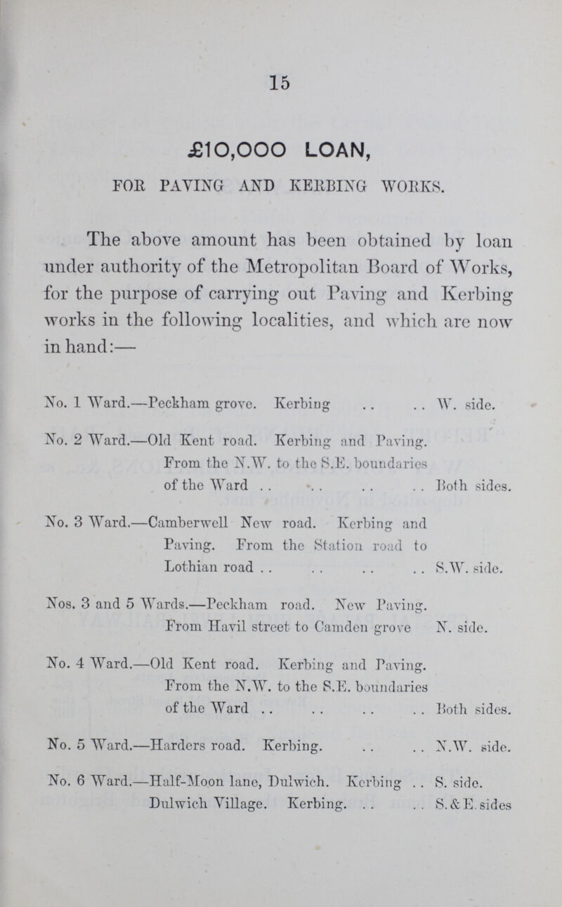 15 £10,000 LOAN, FOR PAYING AND KERBING WORKS. The above amount has been obtained by loan under authority of the Metropolitan Board of Works, for the purpose of carrying out Paving and Kerbing works in the following localities, and which are now in hand:— No. 1 Ward.—Peckham grove. Kerbing W. side. No. 2 Ward.—Old Kent road. Kerbing and Paving. From the N.W. to the S.E. boundaries of the Ward Both sides. No. 3 Ward.—Camberwell New road. Kerbing and Paving. From the Station road to Lothian road S.W. side. Nos. 3 and 5 Wards.—Peckham road. New Paving. From Havil street to Camden grove N. side. No. 4 Ward.—Old Kent road. Kerbing and Paving. From the N.W. to the S.E. boundaries of the Ward Both sides. No. 5 Ward.—Harders road. Kerbing N.W. side. No. 6 Ward.—Half-Moon lane, Dulwich. Kerbing S. side. Dulwich Yillage. Kerbing S.&E.sides