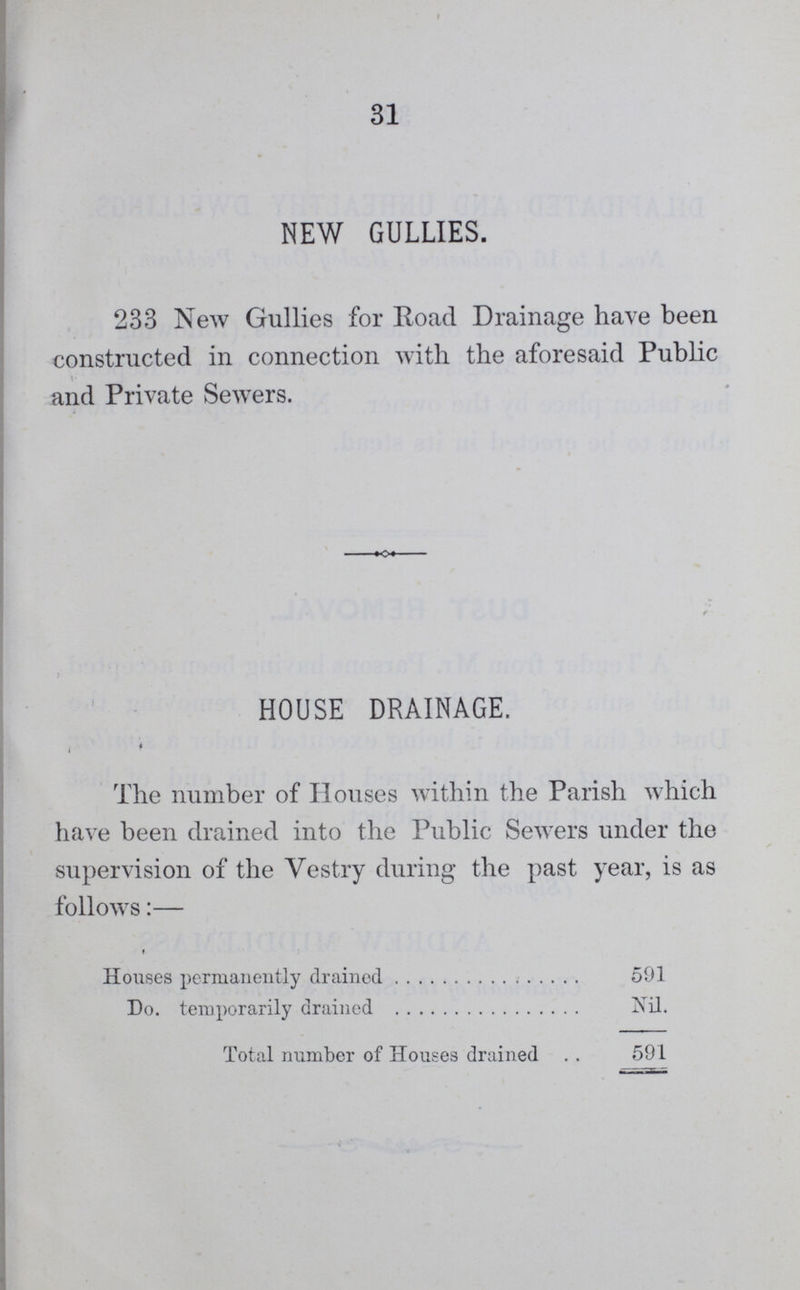 31 NEW GULLIES. 233 New Gullies for Road Drainage have been constructed in connection with the aforesaid Public and Private Sewers. HOUSE DRAINAGE. The number of Houses within the Parish which have been drained into the Public Sewers under the supervision of the Vestry during the past year, is as follows:— Houses permanently drained 591 Do. temporarily drained Nil. Total number of Houses drained 591