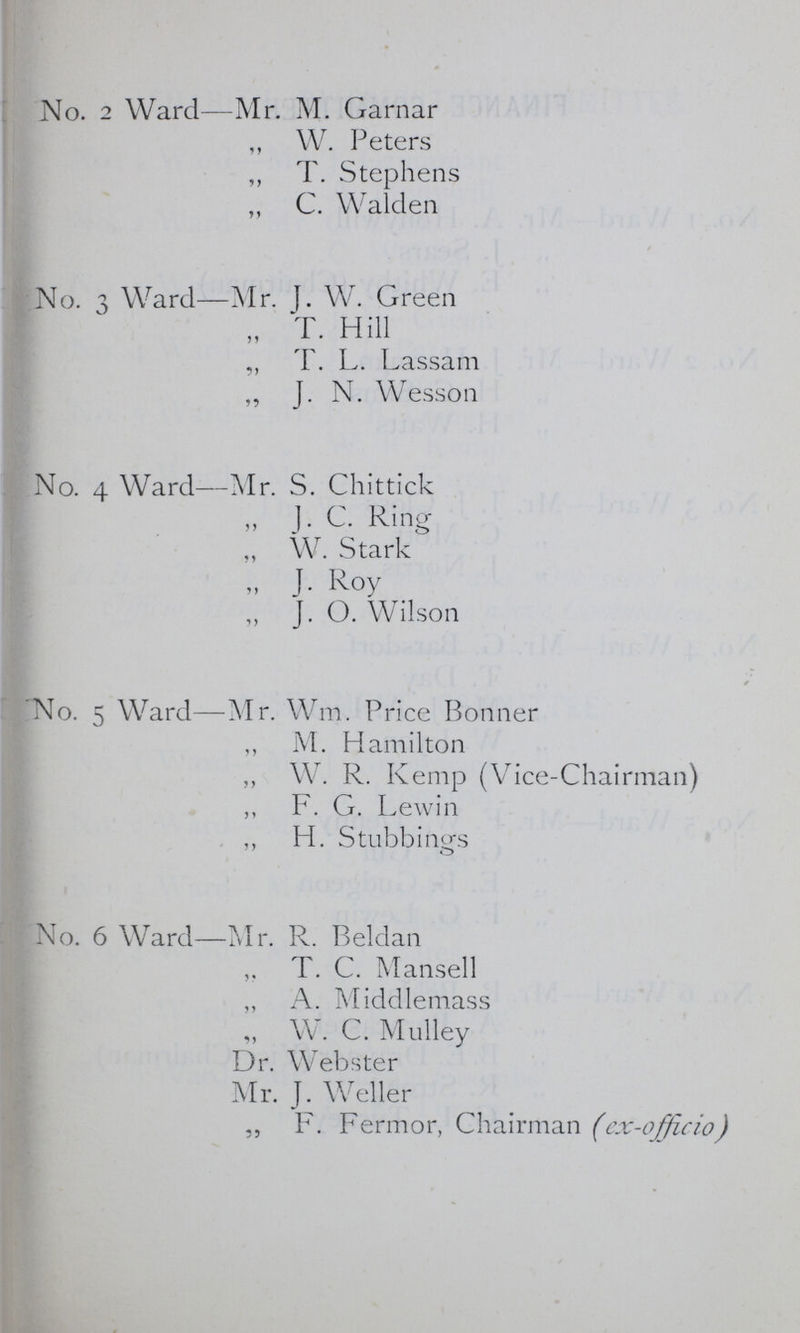 No. 2 Ward—Mr. M. Garnar ,, W. Peters ,, T. Stephens C. Walden No. 3 Ward—Mr. J. W. Green „ T. Hill ,, T. L. Lassam ,, J. N. Wesson No. 4 Ward—Mr. S. Chittick „ 1. C. Ring „ W. Stark „ J. Roy „ J. O. Wilson No. 5 Ward—Mr. Wm. Price Bonner ,, M. Hamilton ,, W. R. Kemp (Vice-Chairman) ,, F. G. Lewin ,, H. Stubbings No. 6 Ward—Mr. R. Beldan T. C. Mansell ,, A. Middlemass „ W. C. Mulley Dr. Webster Mr. J. Weller ,, F. Fermor, Chairman (ex-officio)